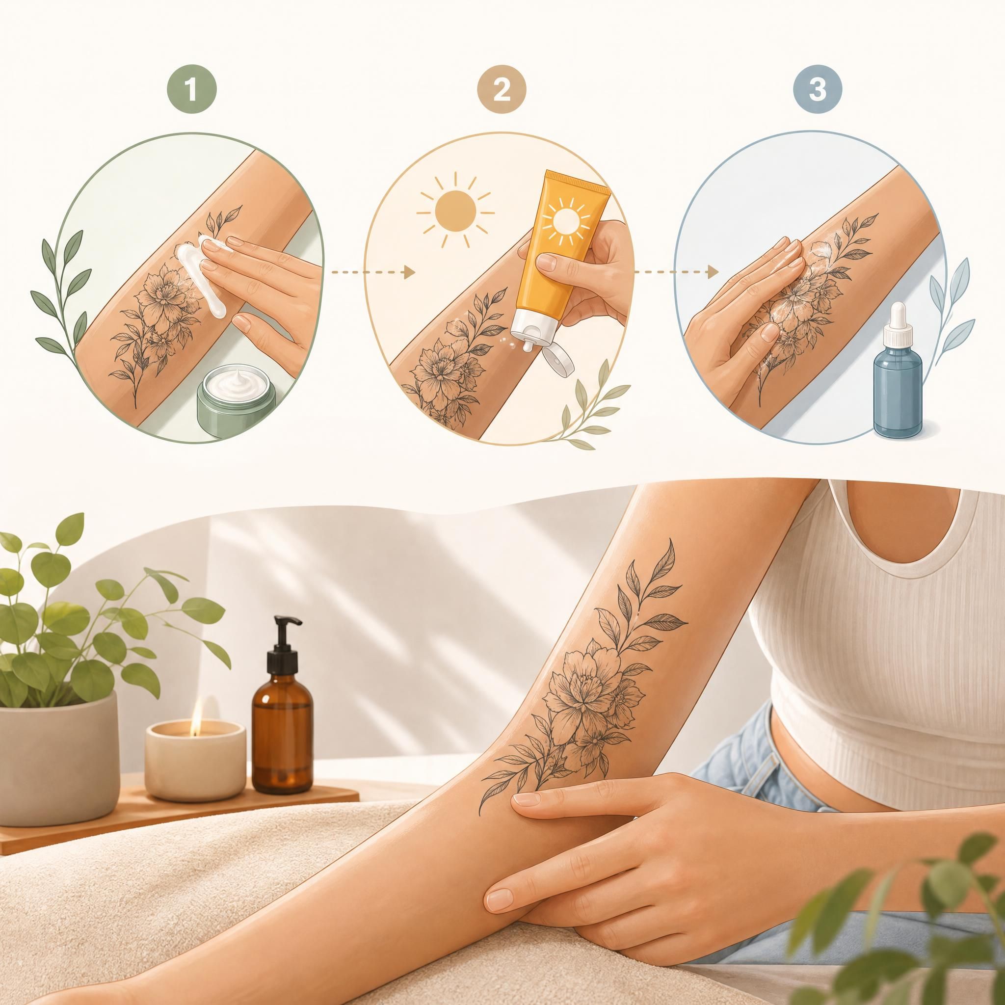 Illustration douce et apaisante représentant les étapes de soin d'un tatouage frais — crème, protection solaire, hydratation — style illustratif sans texte