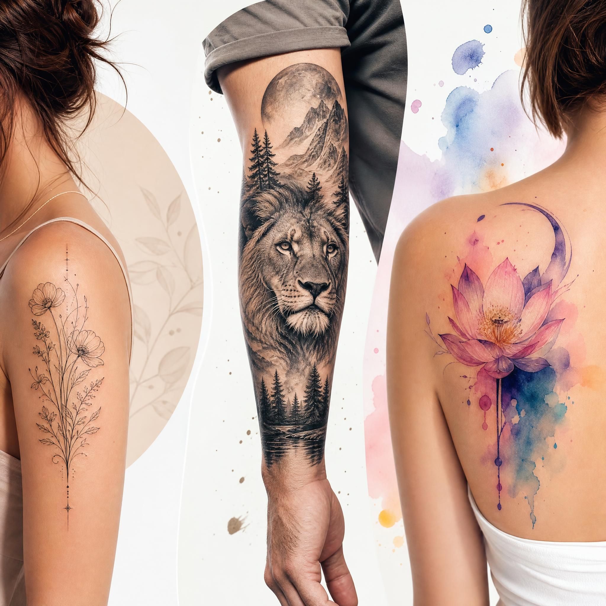 Illustration colorée et moderne de différents styles de tatouage en 2026 — fine line, micro-réalisme, aquarelle — sur fond clair, sans texte