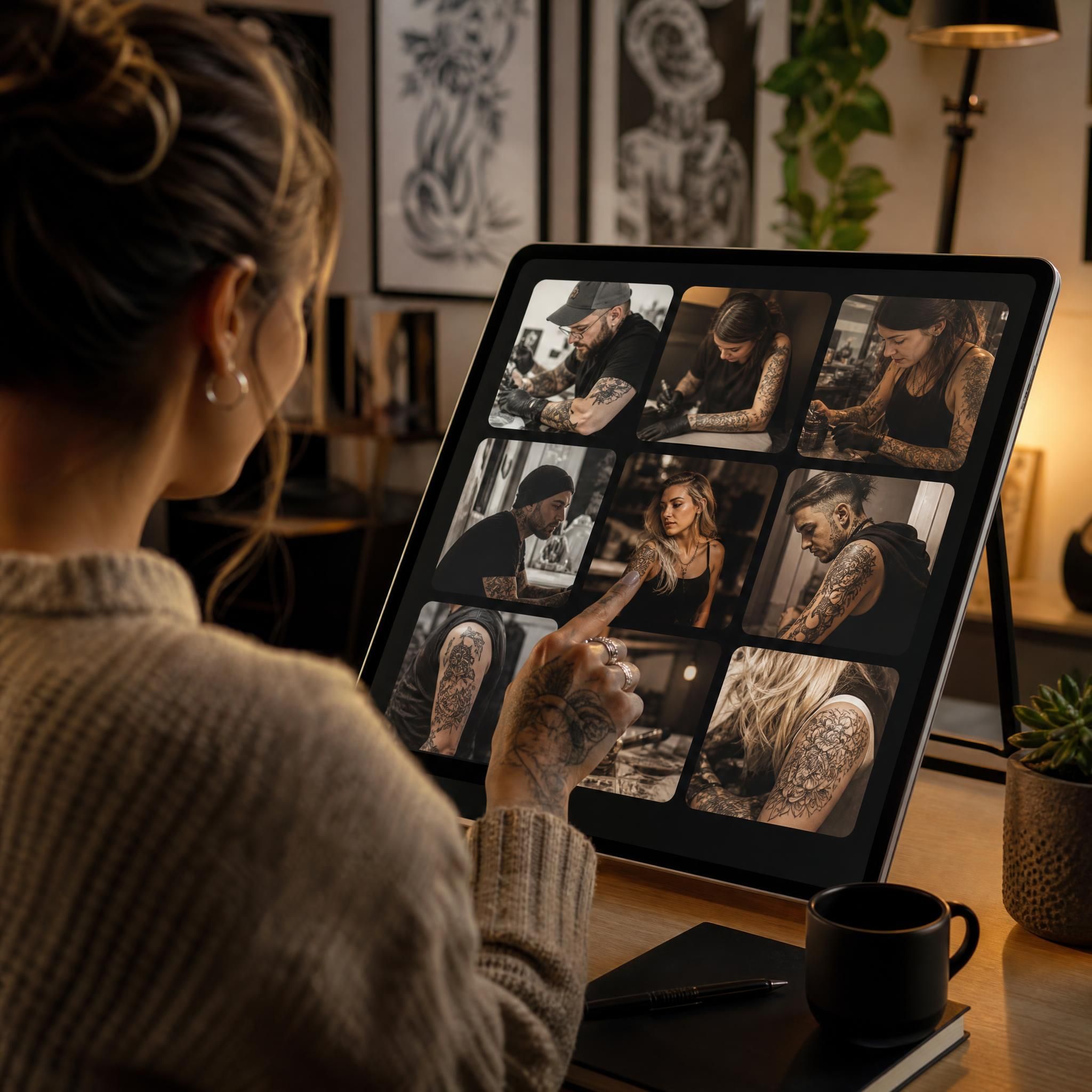 Illustration illustrative représentant une personne devant un écran ou une tablette, parcourant des profils d'artistes tatoueurs, style moderne et chaleureux, sans texte