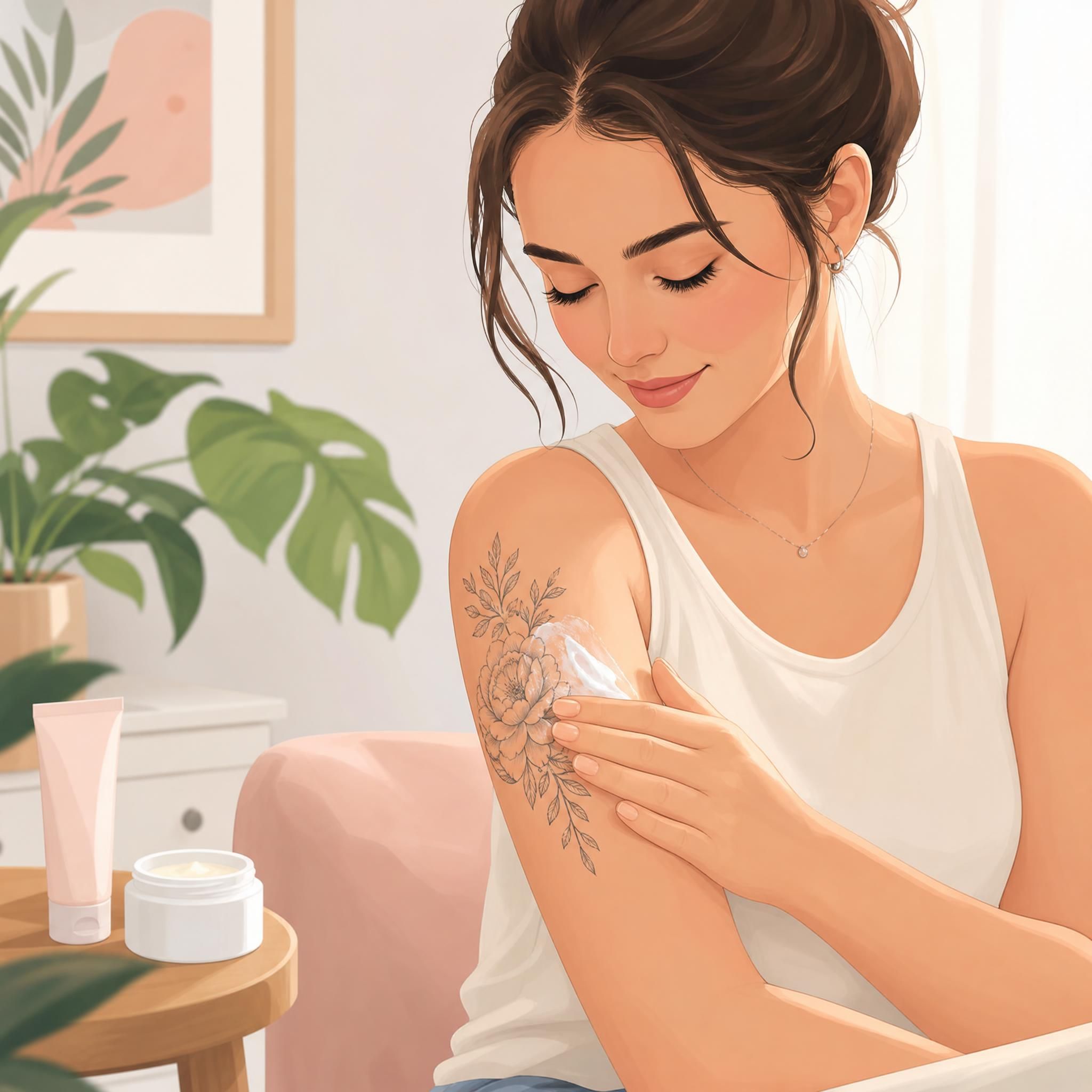 Illustration douce et rassurante d'une personne appliquant de la crème sur un tatouage qui cicatrise, style illustratif pastel sans texte