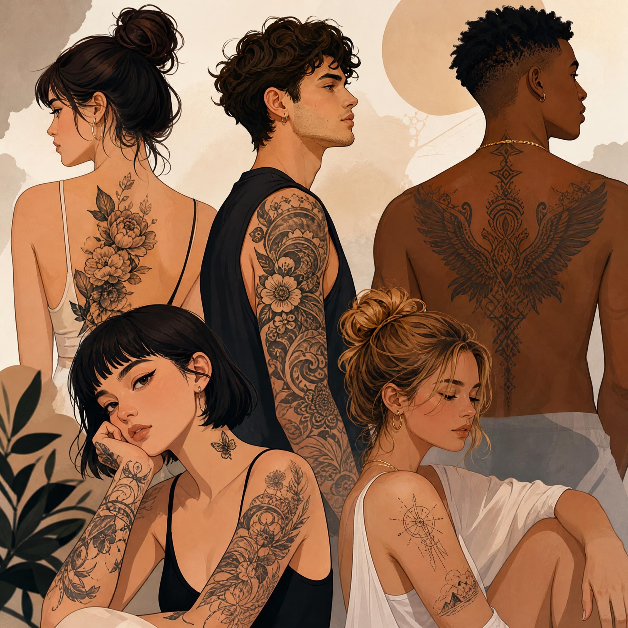 Illustration inspirante montrant une diversité de styles de tatouage sur différentes parties du corps, style illustratif artistique sans texte