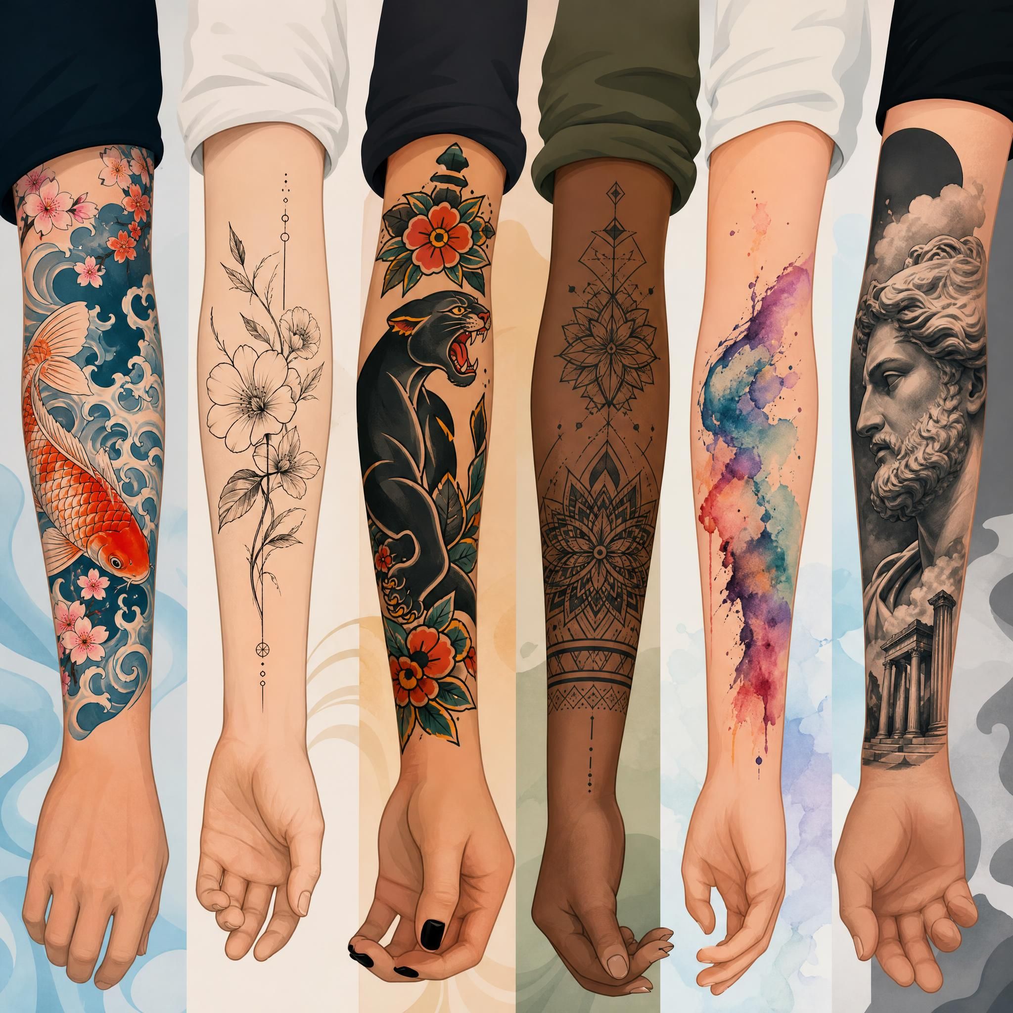 Illustration illustrative représentant différents styles de tatouage côte à côte sur des bras stylisés, sans texte, palette de couleurs variée, style graphique moderne