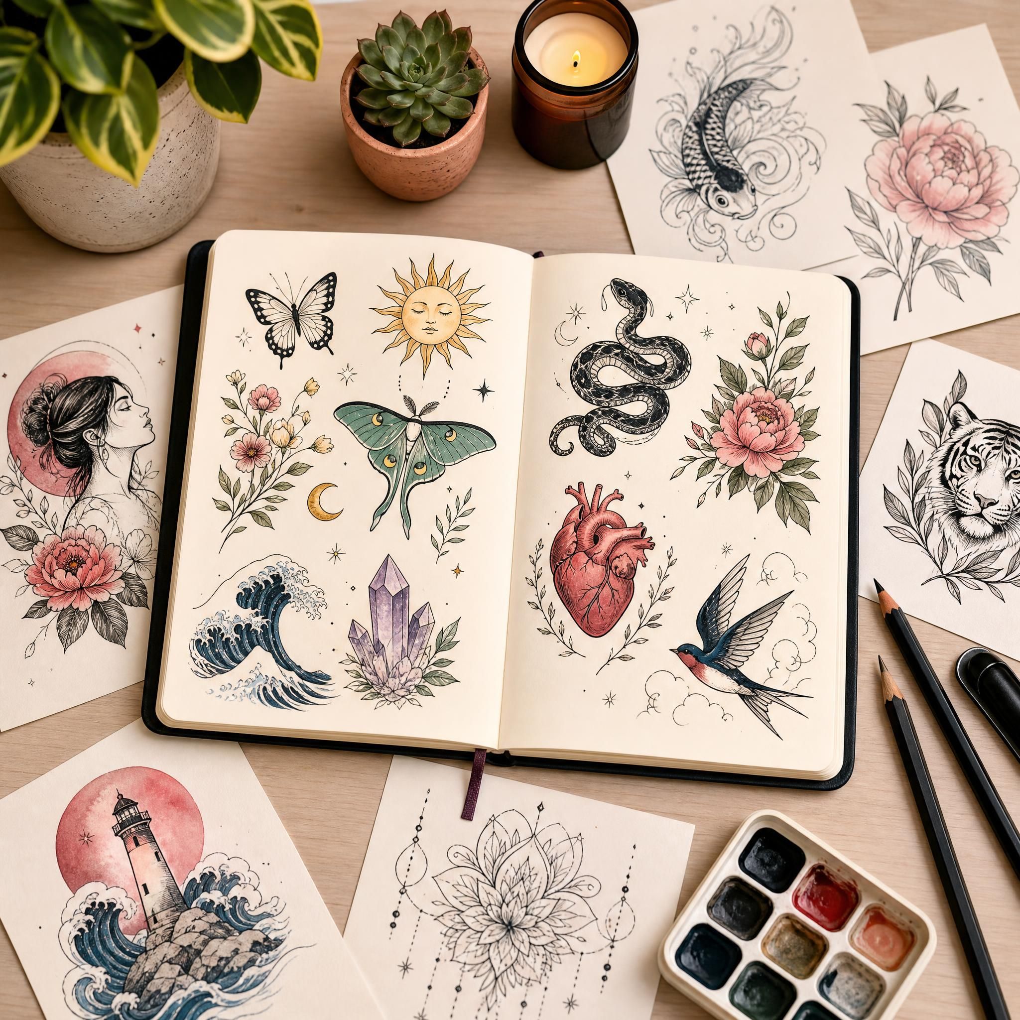 Illustration colorée et bienveillante d'un carnet de croquis ouvert avec des designs de tatouage variés autour, style illustratif sans texte