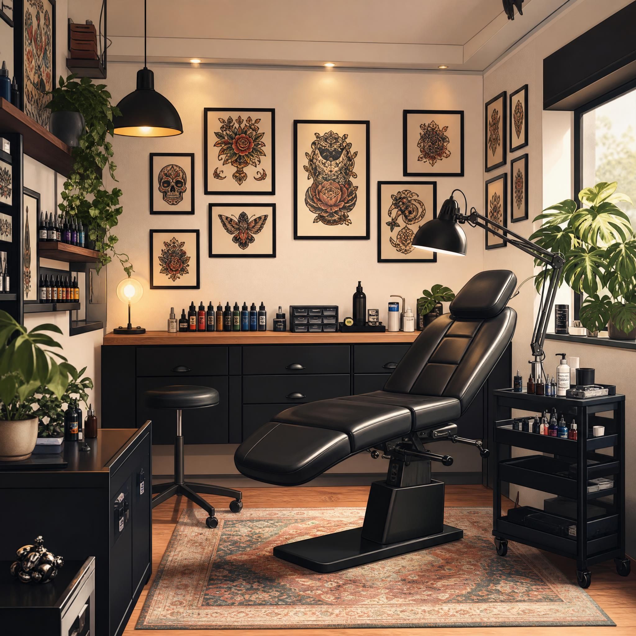 Illustration d'un studio de tatouage propre et accueillant avec du matériel bien rangé, style illustratif chaleureux sans texte