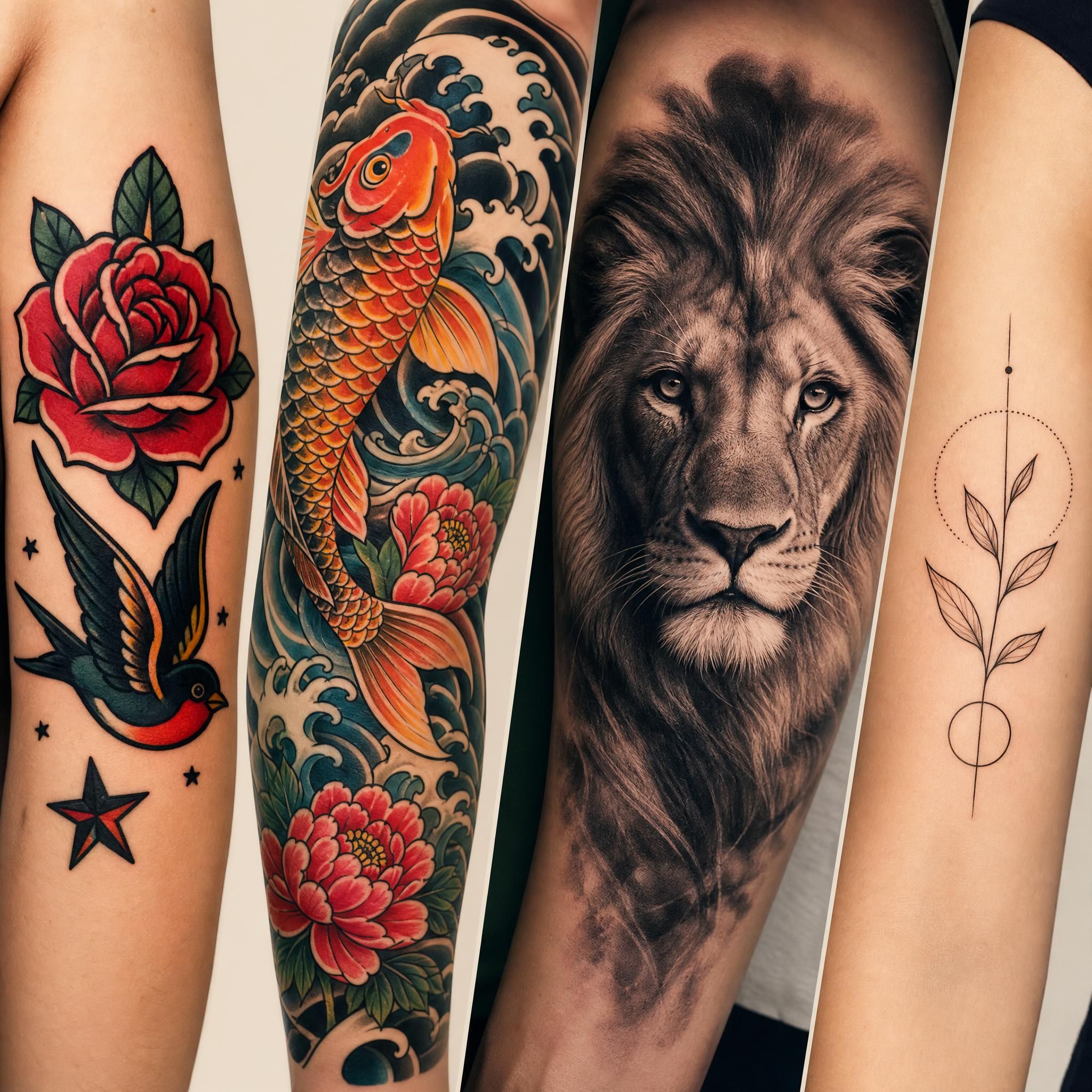 Illustration montrant plusieurs styles de tatouage côte à côte - old school, japonais, réaliste, minimaliste - style illustratif coloré sans texte