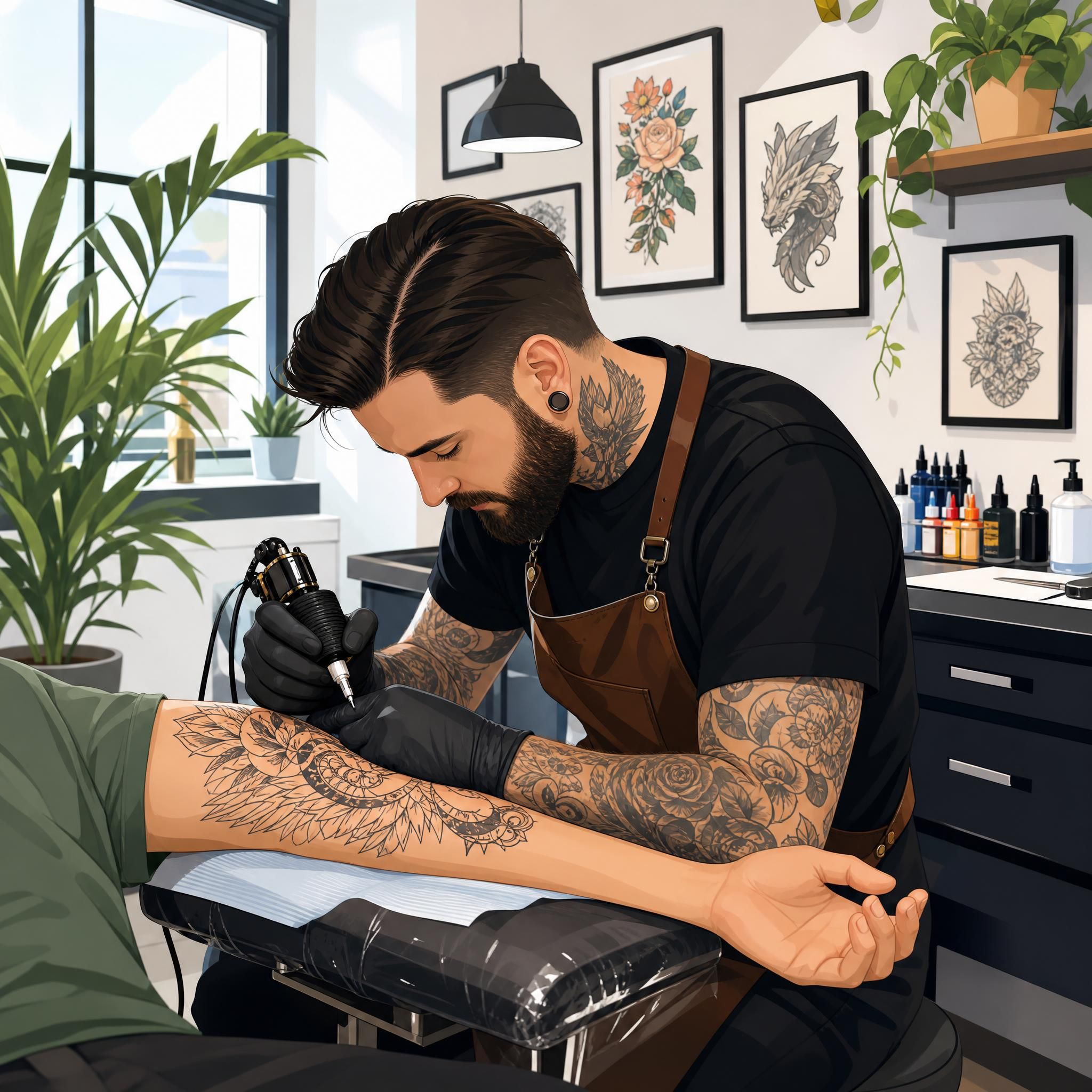 Illustration colorée d'un tatoueur au travail dans un studio propre et lumineux, style illustratif sans texte
