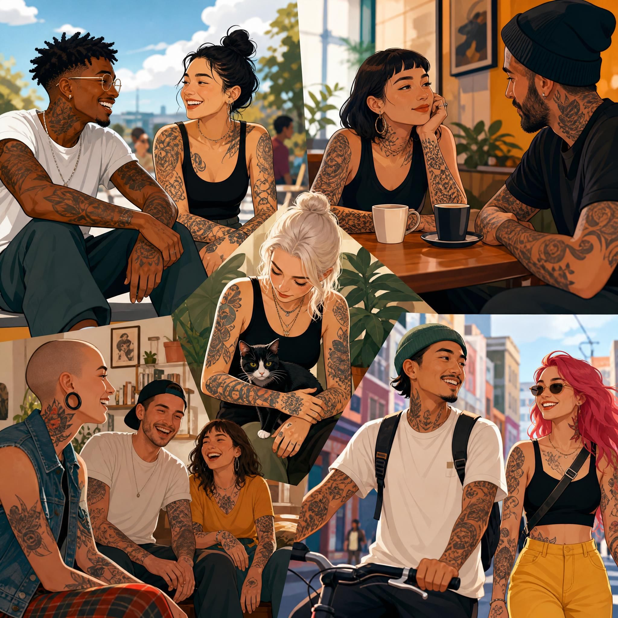 Illustration illustrative et colorée montrant une diversité de personnes tatouées dans des contextes sociaux variés, style artistique sans texte