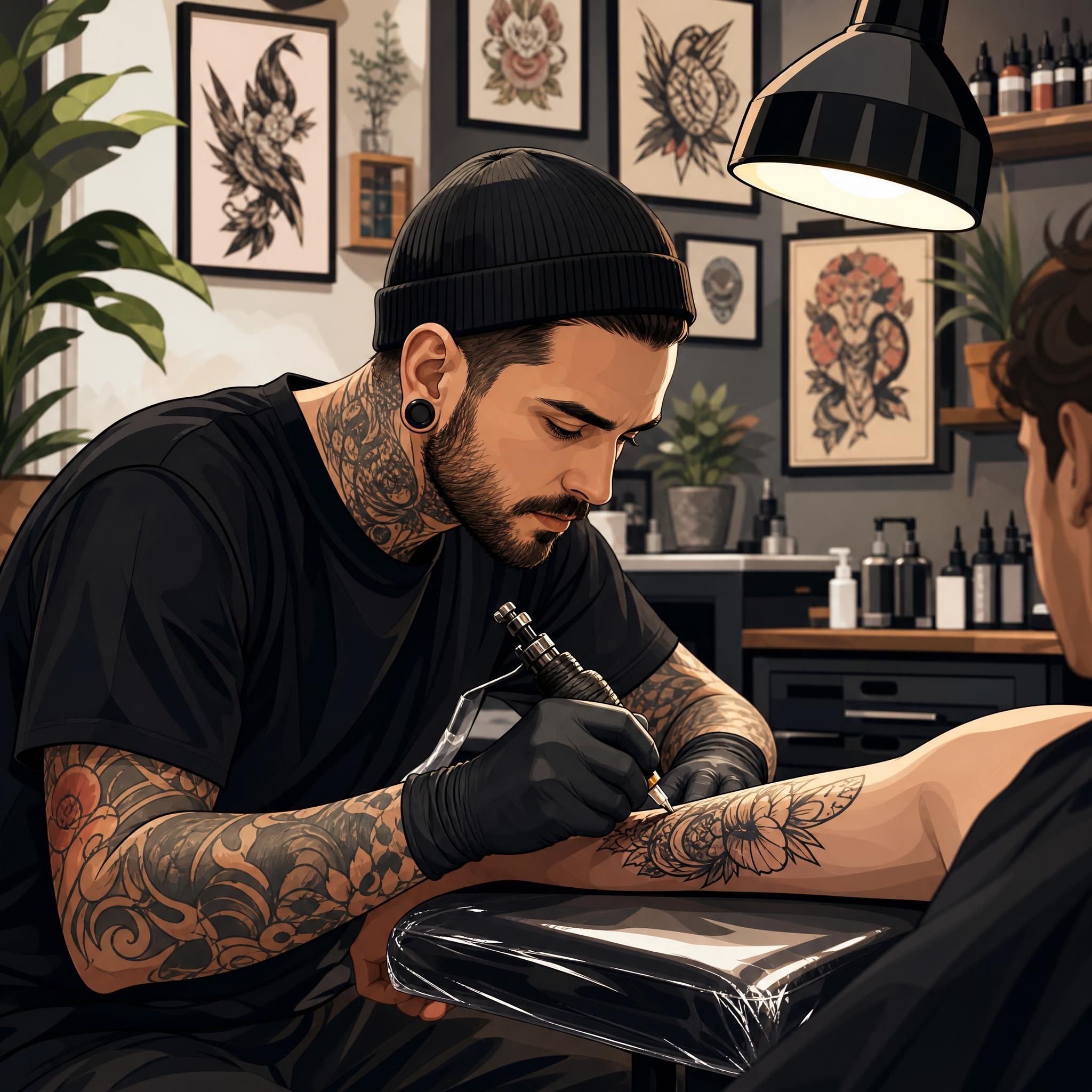 Illustration décorative d'un tatoueur professionnel au travail dans un studio moderne, style illustratif sans texte