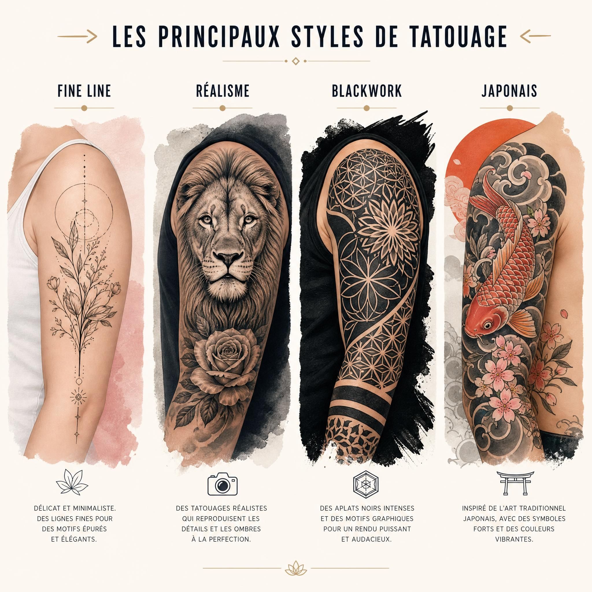 Illustration colorée montrant différents styles de tatouage côte à côte — fine line, réalisme, blackwork, japonais — style illustratif artistique