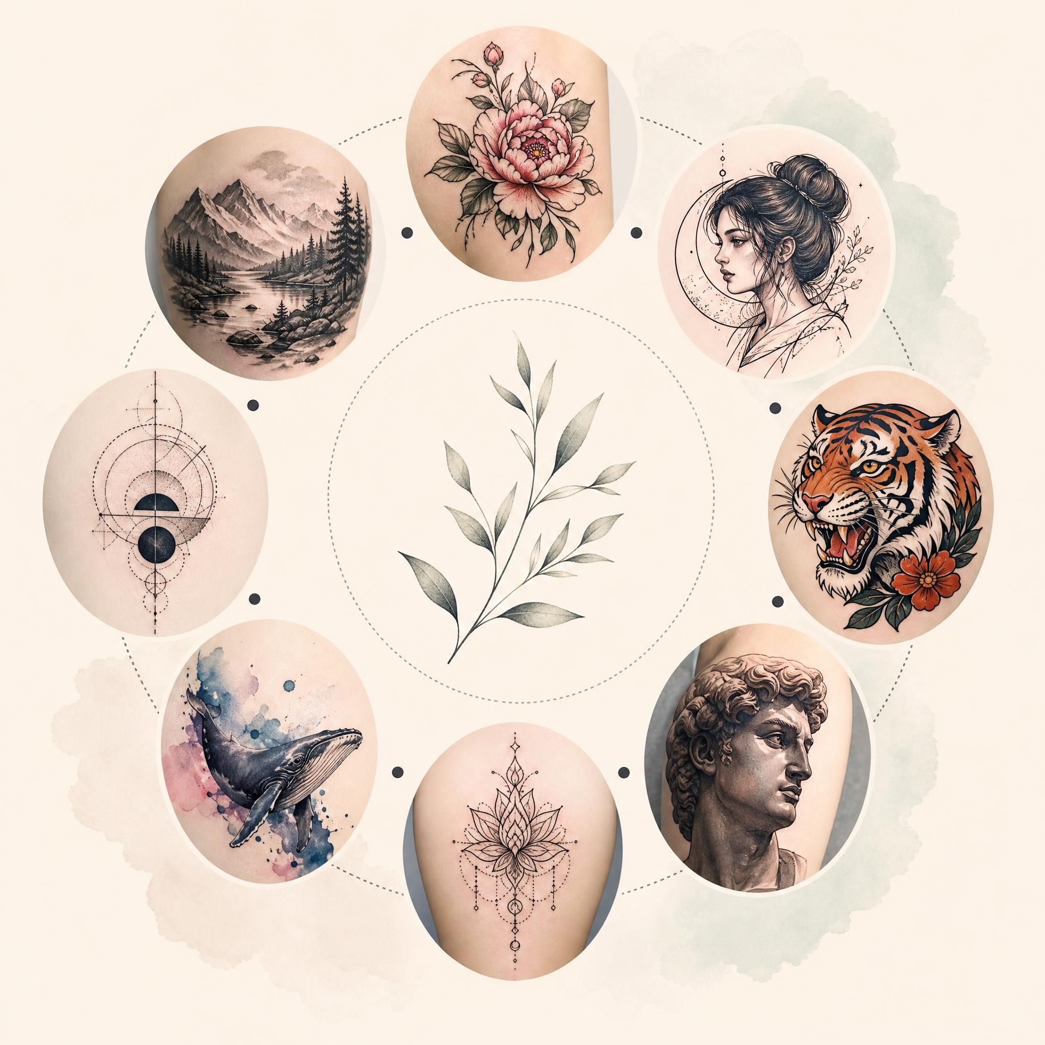 Illustration douce montrant différents styles de tatouage disposés en cercle, style illustratif artistique sans texte