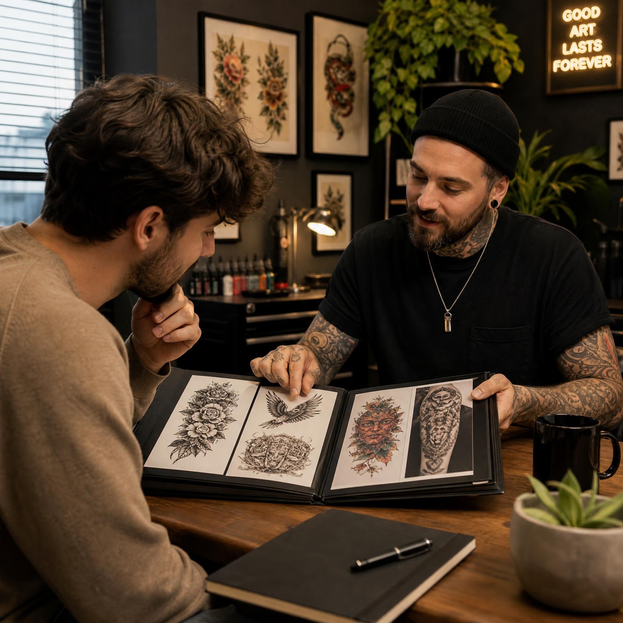 Illustration d'une consultation entre un client et un tatoueur regardant un portfolio artistique, ambiance chaleureuse et professionnelle