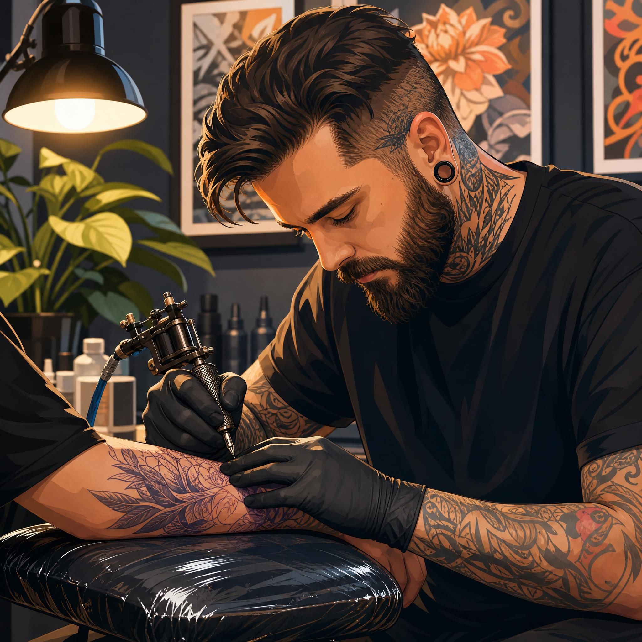 Illustration artistique d'un tatoueur professionnel travaillant avec précision sur un bras, style illustratif coloré sans texte