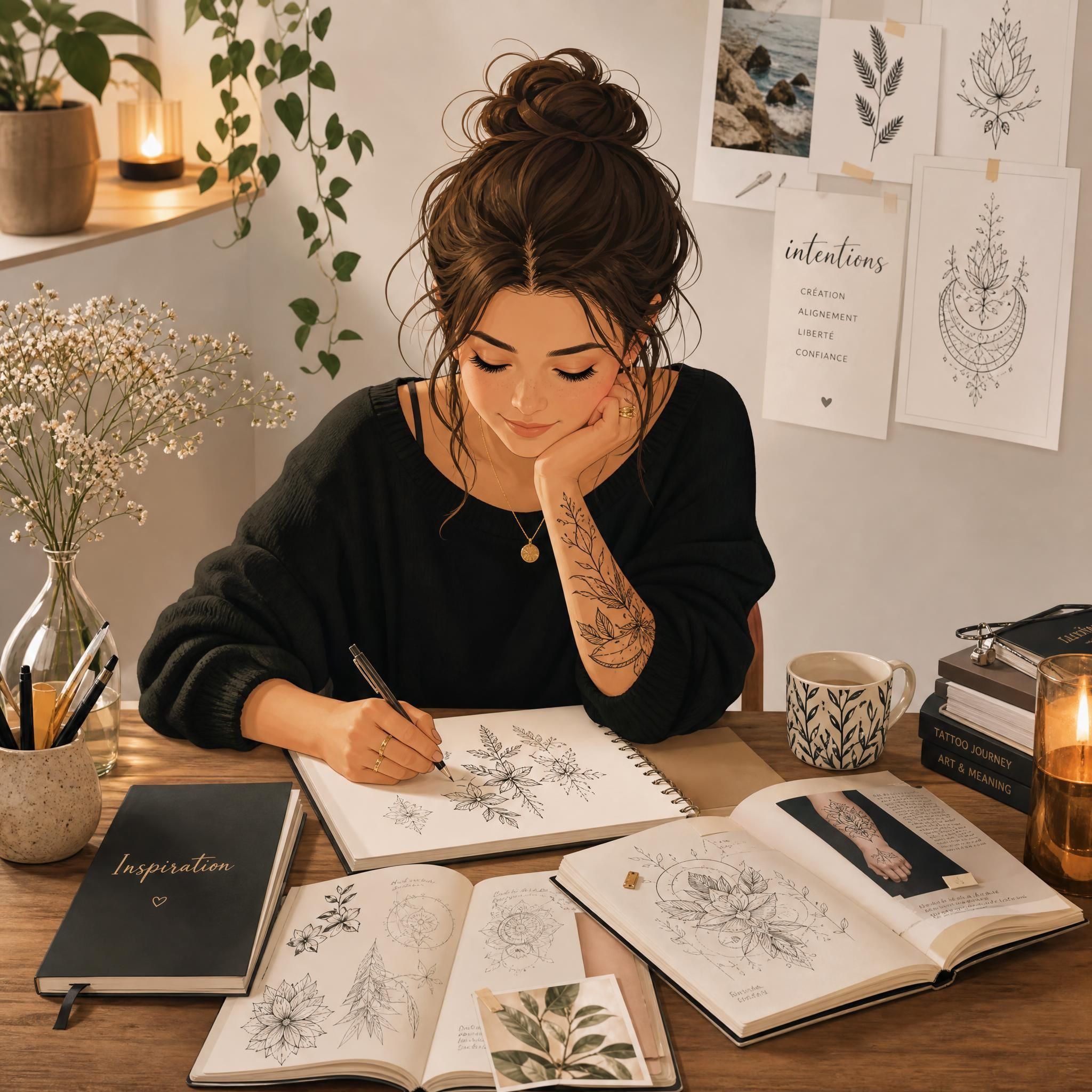 Illustration douce et bienveillante d'une femme entourée de carnets de croquis et d'inspirations de tatouages, symbolisant la phase de préparation, style illustratif chaleureux