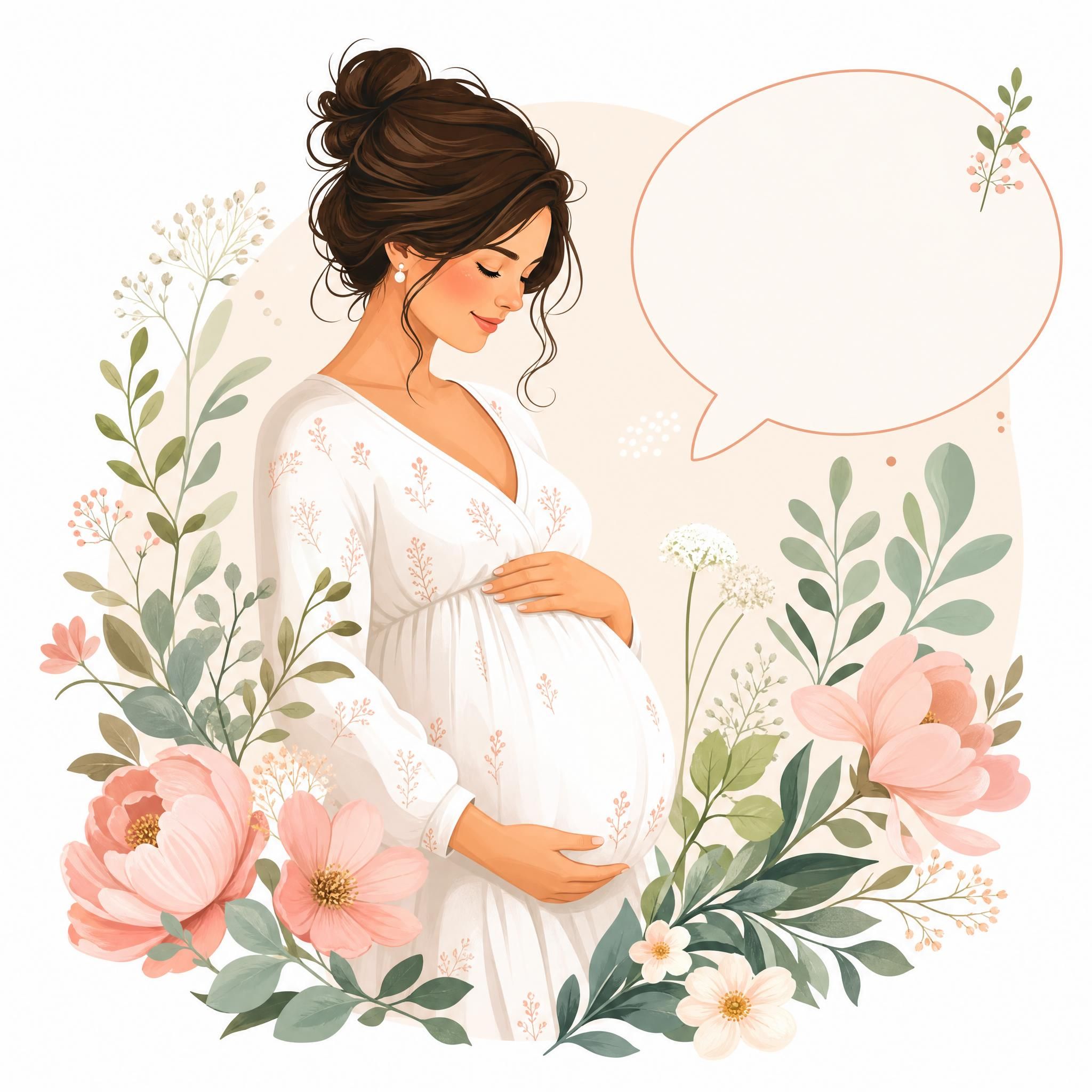 Illustration douce et bienveillante d'une femme enceinte entourée de motifs floraux, avec une bulle de dialogue indiquant 