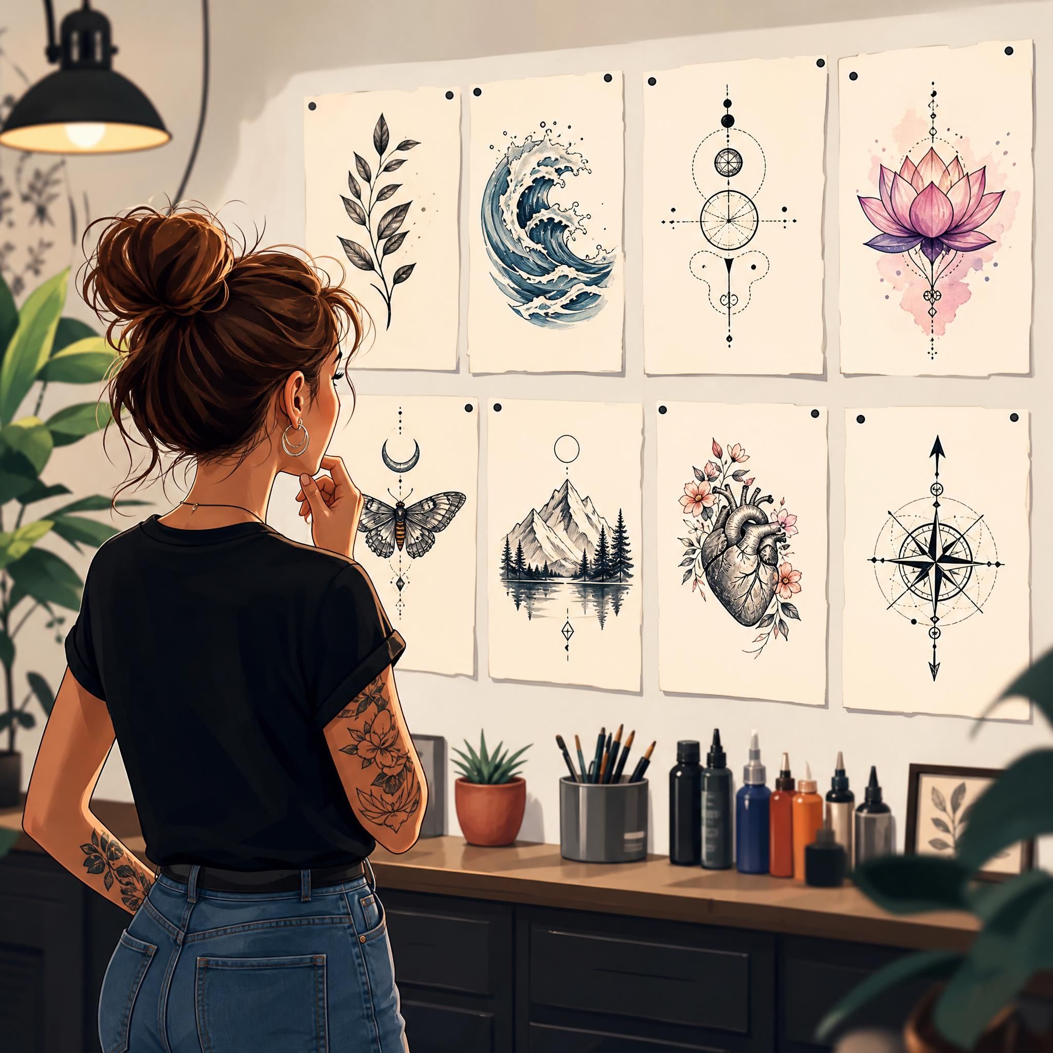 Illustration colorée et stylisée d'une personne hésitante face à plusieurs choix de motifs de tatouage, style illustratif sans texte