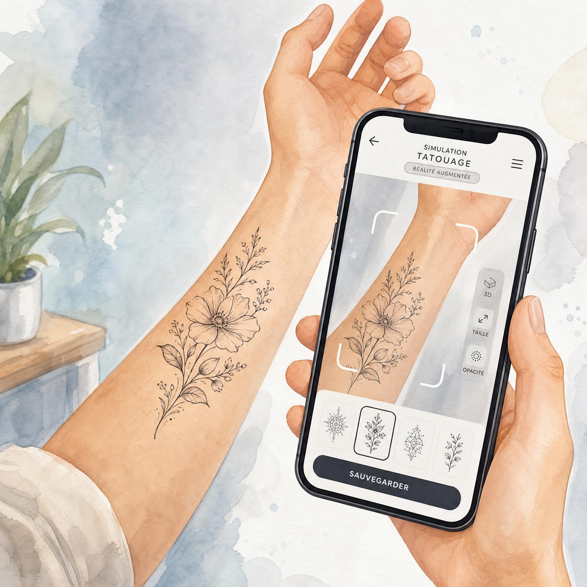 Illustration douce et moderne d'une main tenant un téléphone avec une interface de simulation de tatouage en réalité augmentée projetée sur un avant-bras, style aquarelle numérique