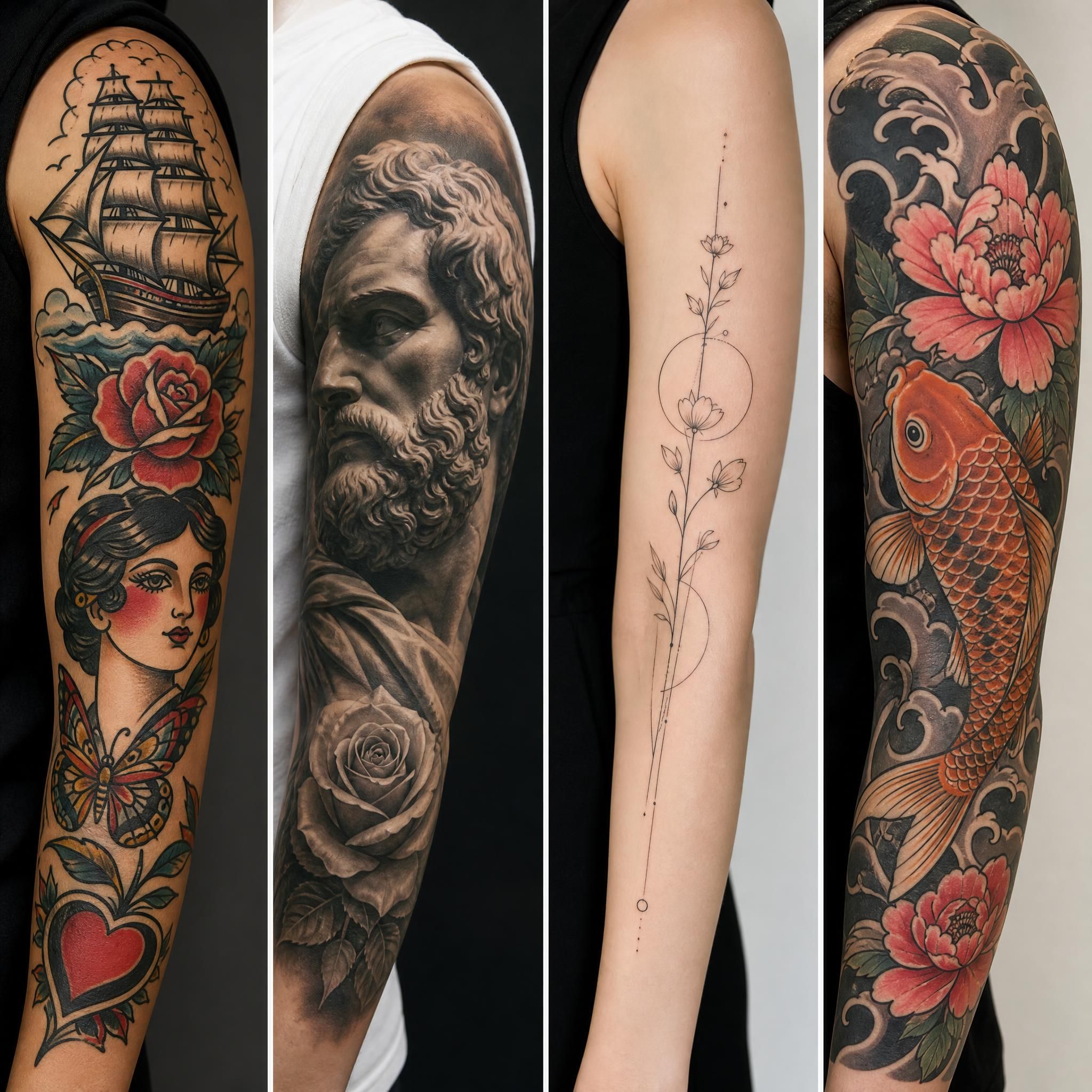 Illustration en mosaïque représentant différents styles de tatouage (old school, réalisme, fine line, japonais) sur des bras stylisés, sans texte