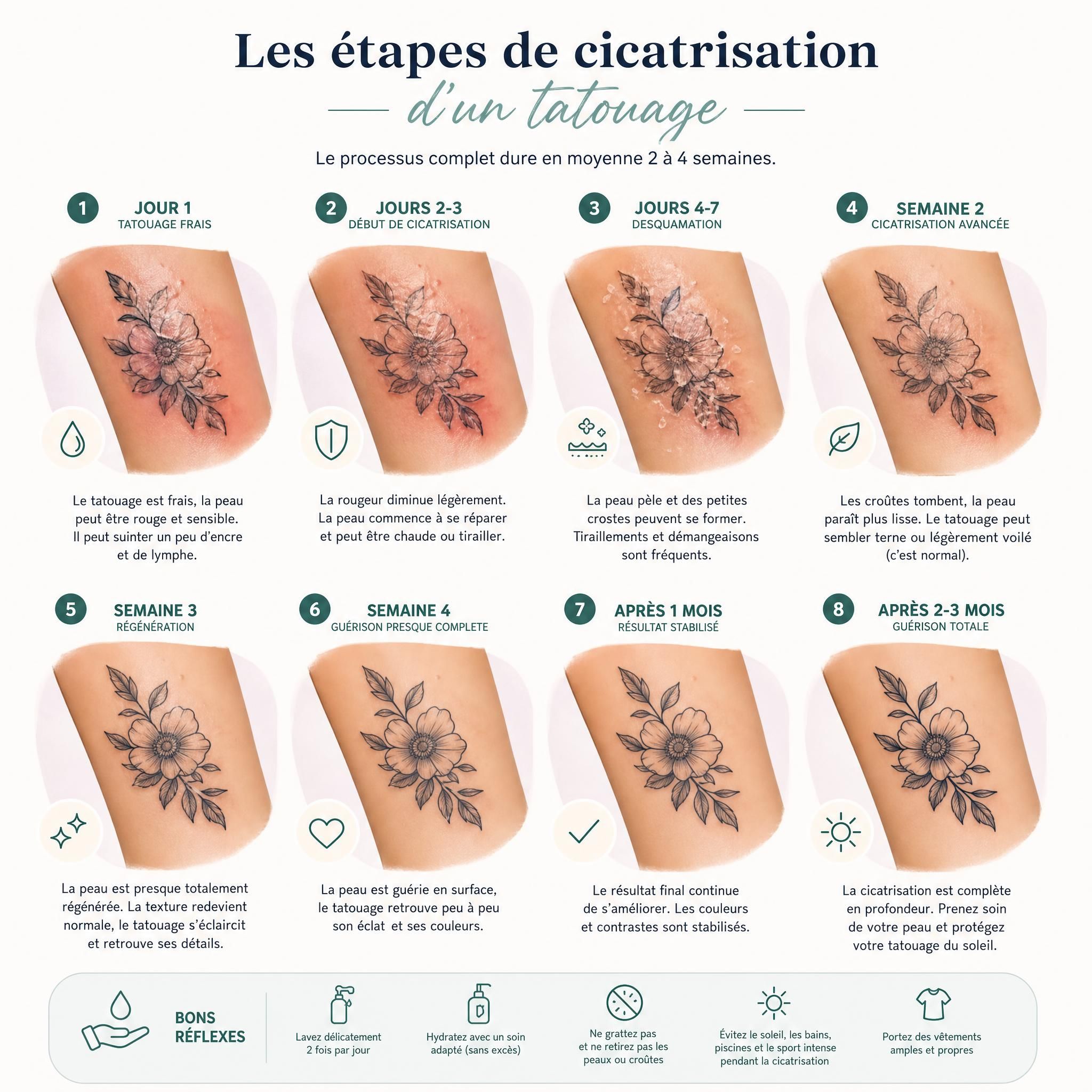 Illustration représentant les différentes étapes de cicatrisation d'un tatouage sur une peau, style schéma illustratif doux