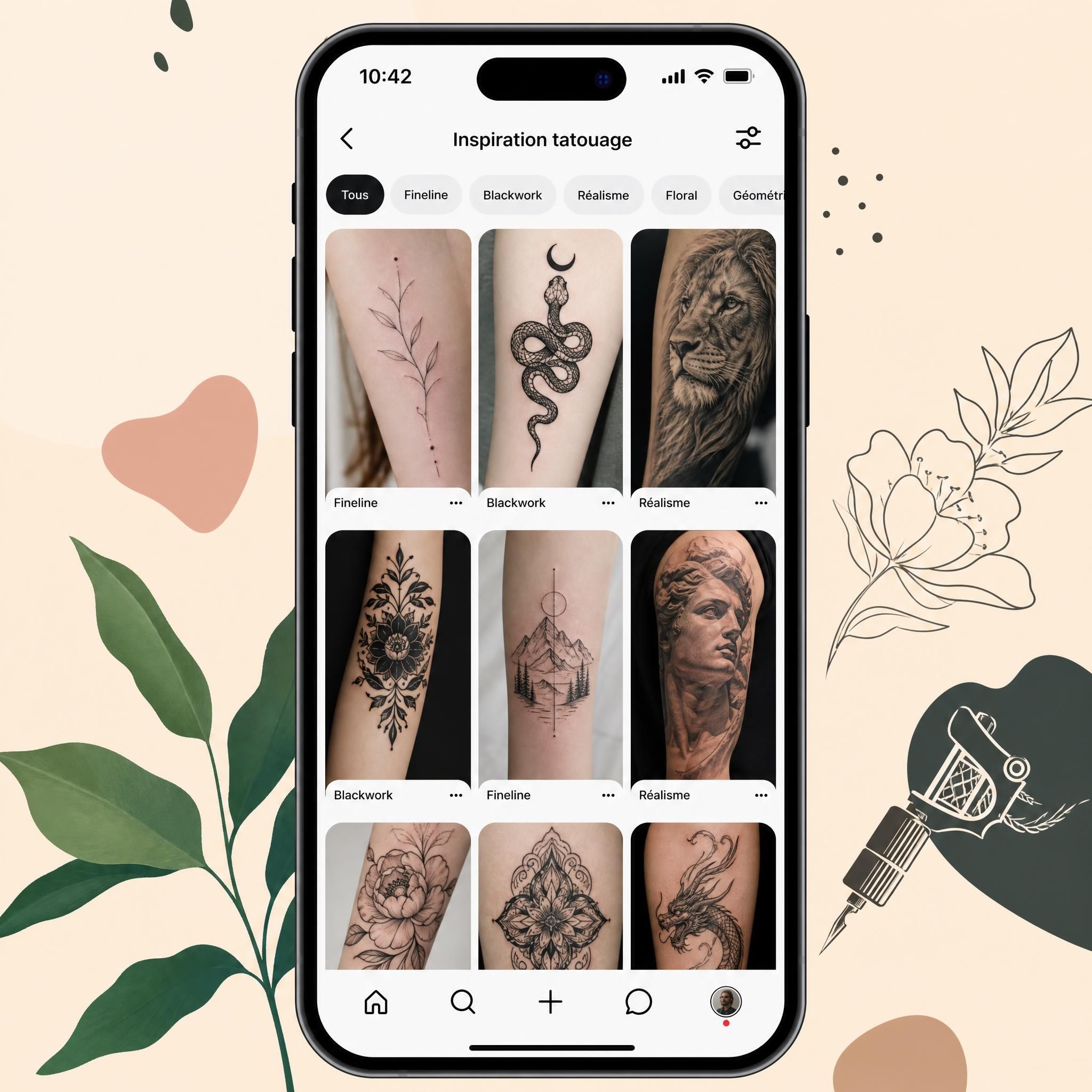 Illustration d'un écran de smartphone montrant un tableau d'inspiration Pinterest avec différents styles de tatouage — fineline, blackwork, réalisme — dans un style graphique et coloré