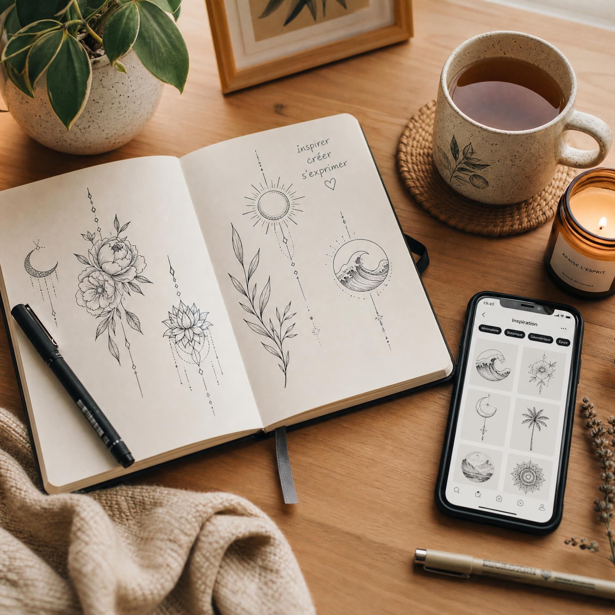 Illustration apaisante d'un carnet de croquis ouvert avec des designs de tatouage, une tasse de thé et un smartphone affichant une application d'inspiration, ambiance cosy et bienveillante