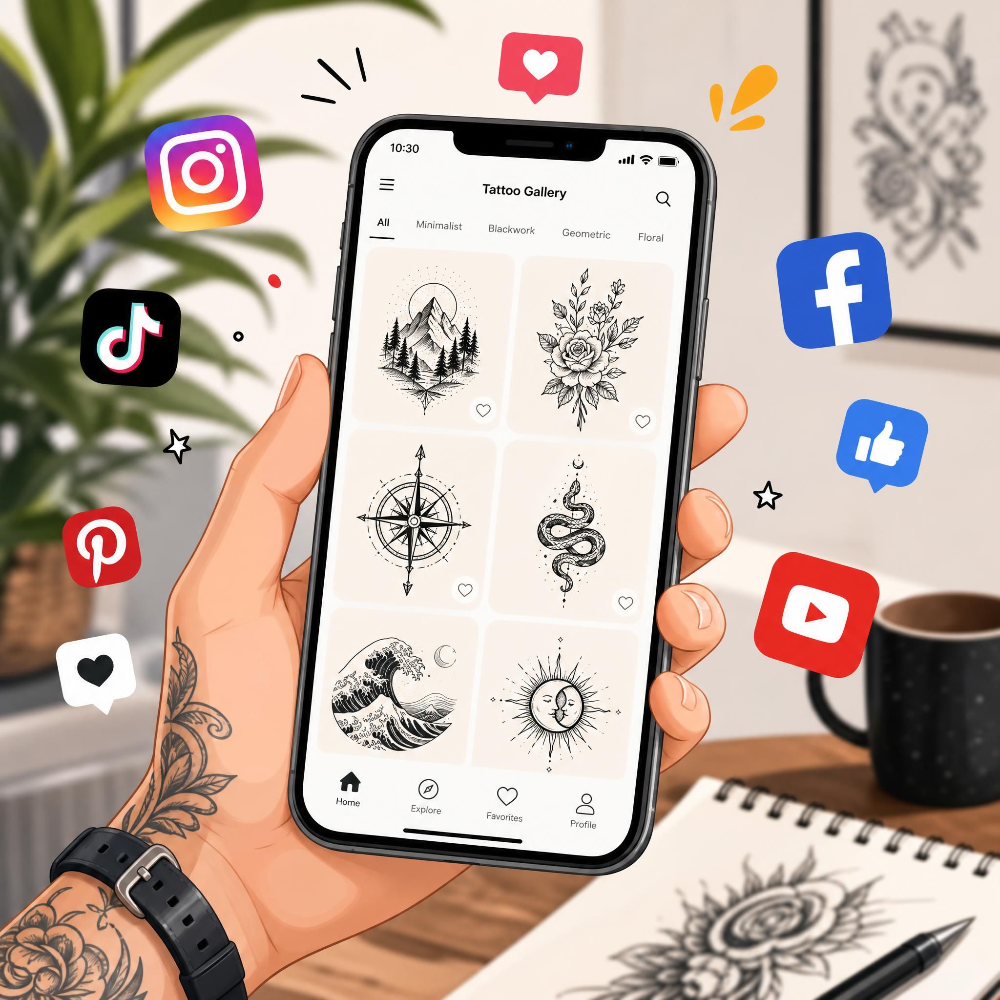 Illustration colorée et décontractée d'une personne tenant un smartphone avec des designs de tatouage à l'écran, entourée d'icônes d'applications et de réseaux sociaux