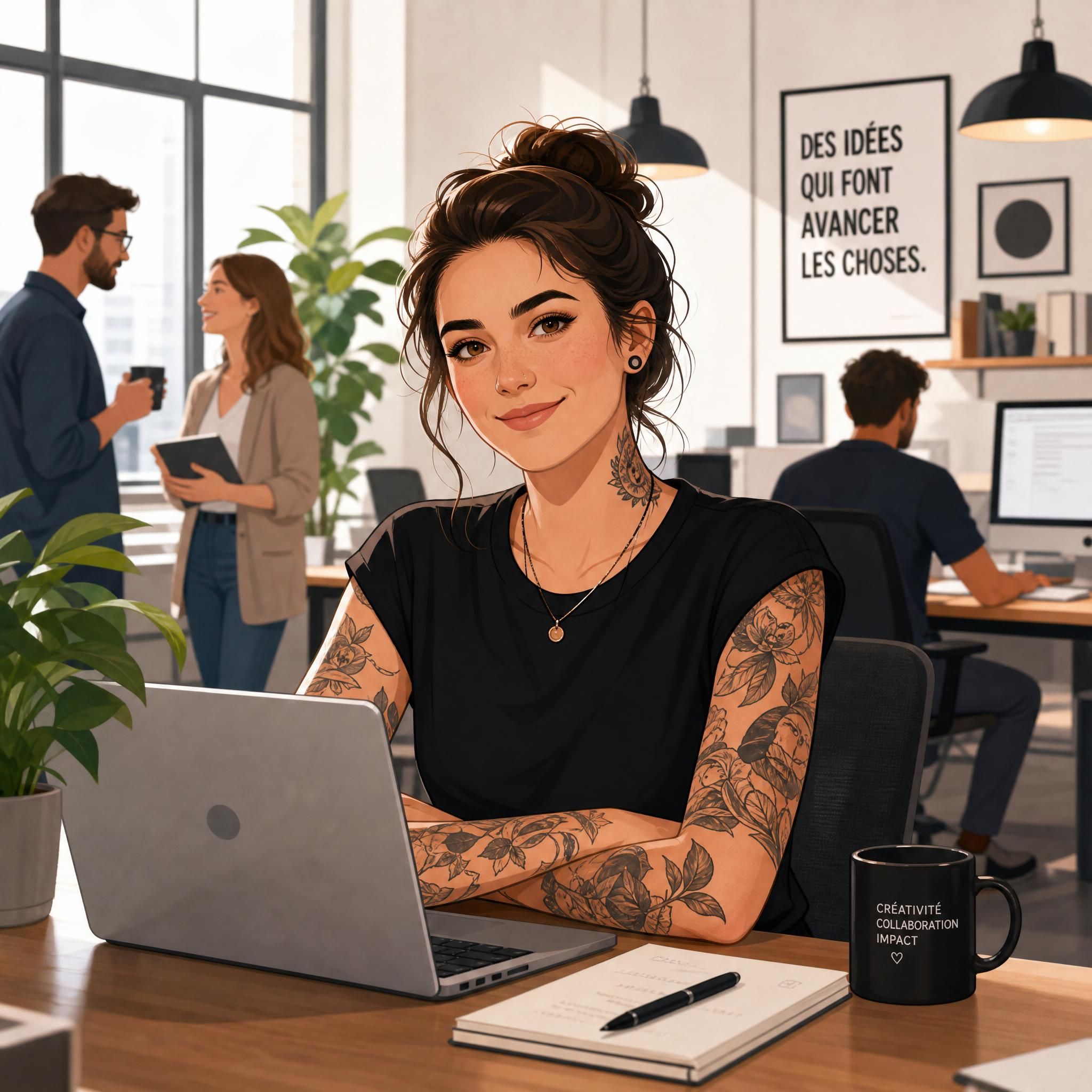Illustration d'une personne tatouée dans un environnement professionnel moderne, style illustratif doux et bienveillant