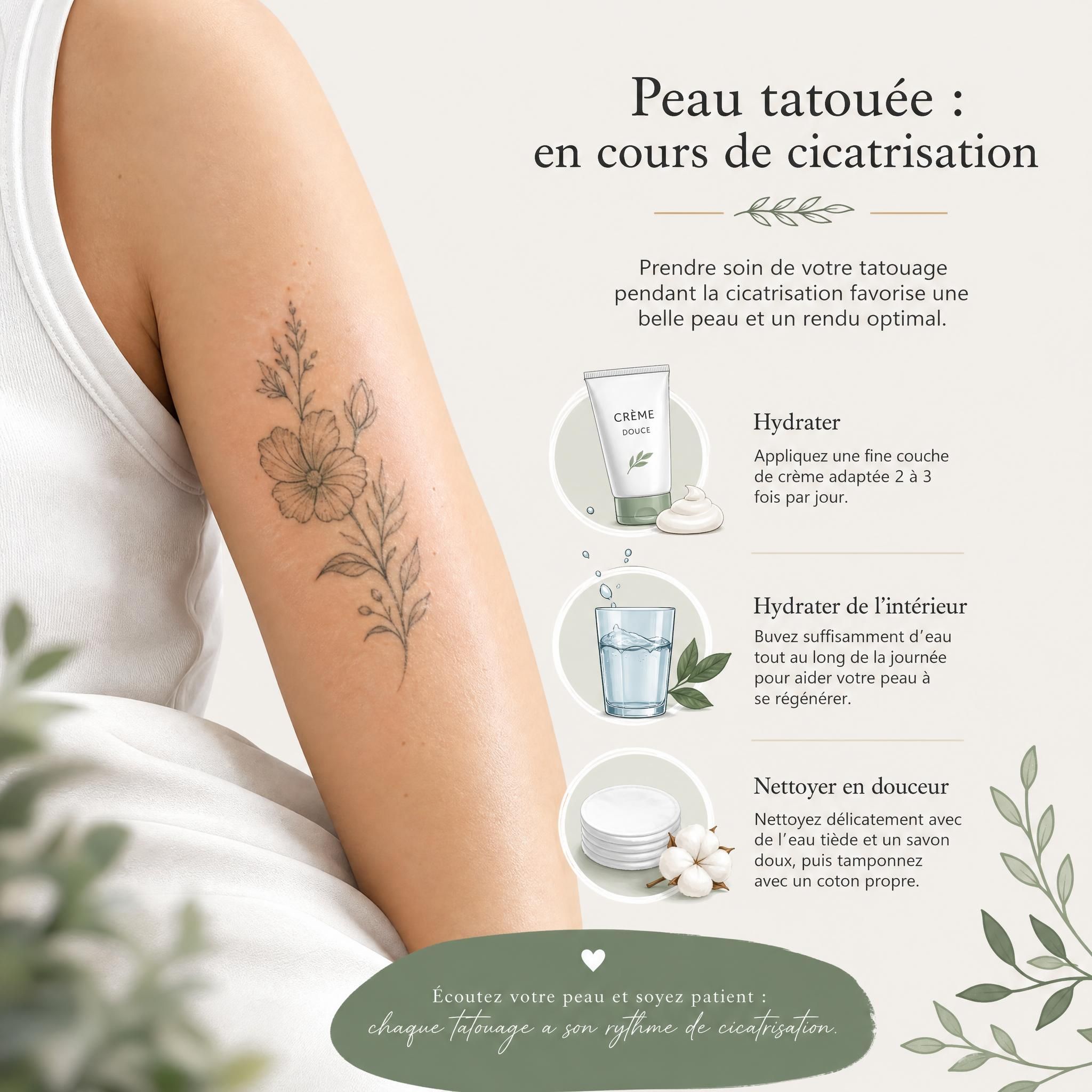 Illustration apaisante d'une peau tatouée en cours de cicatrisation, avec des éléments visuels doux représentant les soins — crème, eau, coton — style illustratif minimaliste