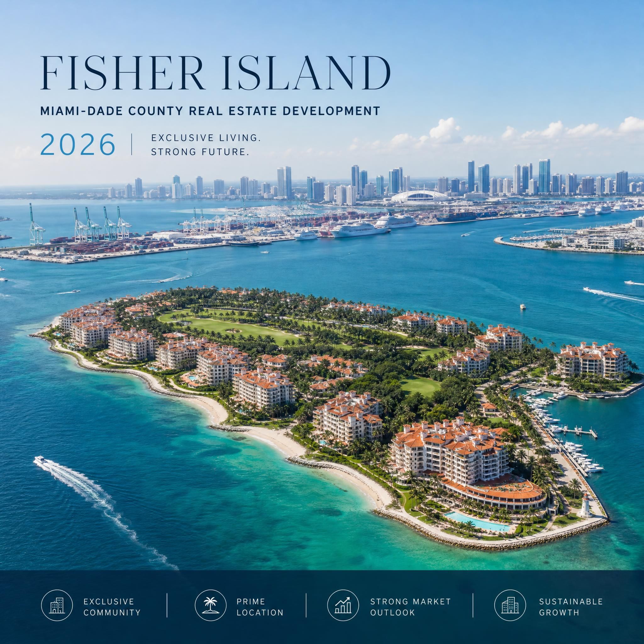 Fisher Island aerial view with PortMiami in background, Miami-Dade County real estate development 2026