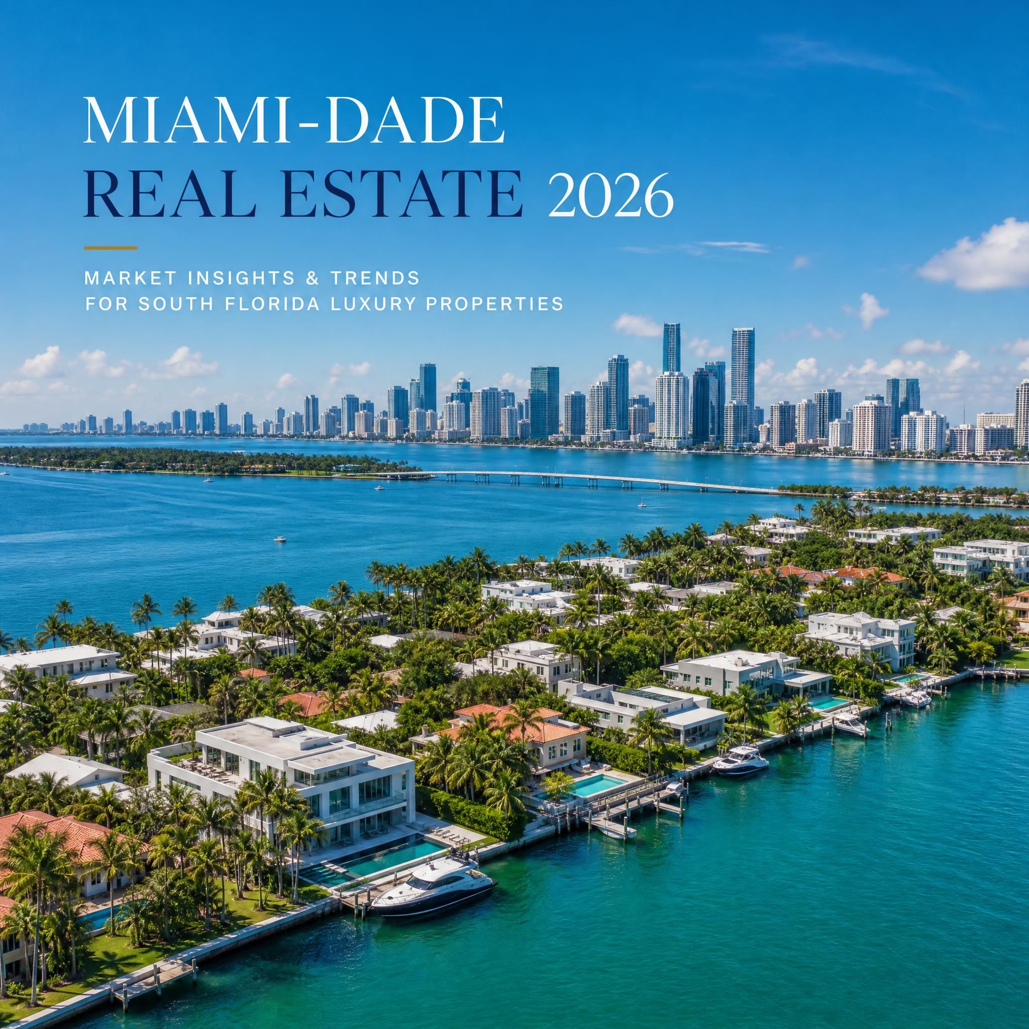 Aerial view of Miami-Dade luxury waterfront homes and Biscayne Bay skyline, South Florida real estate 2026