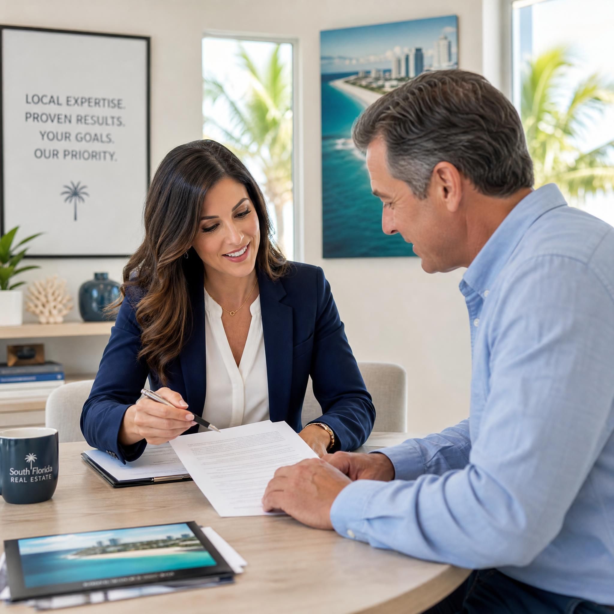Professional South Florida real estate agent reviewing contracts with home seller at consultation table
