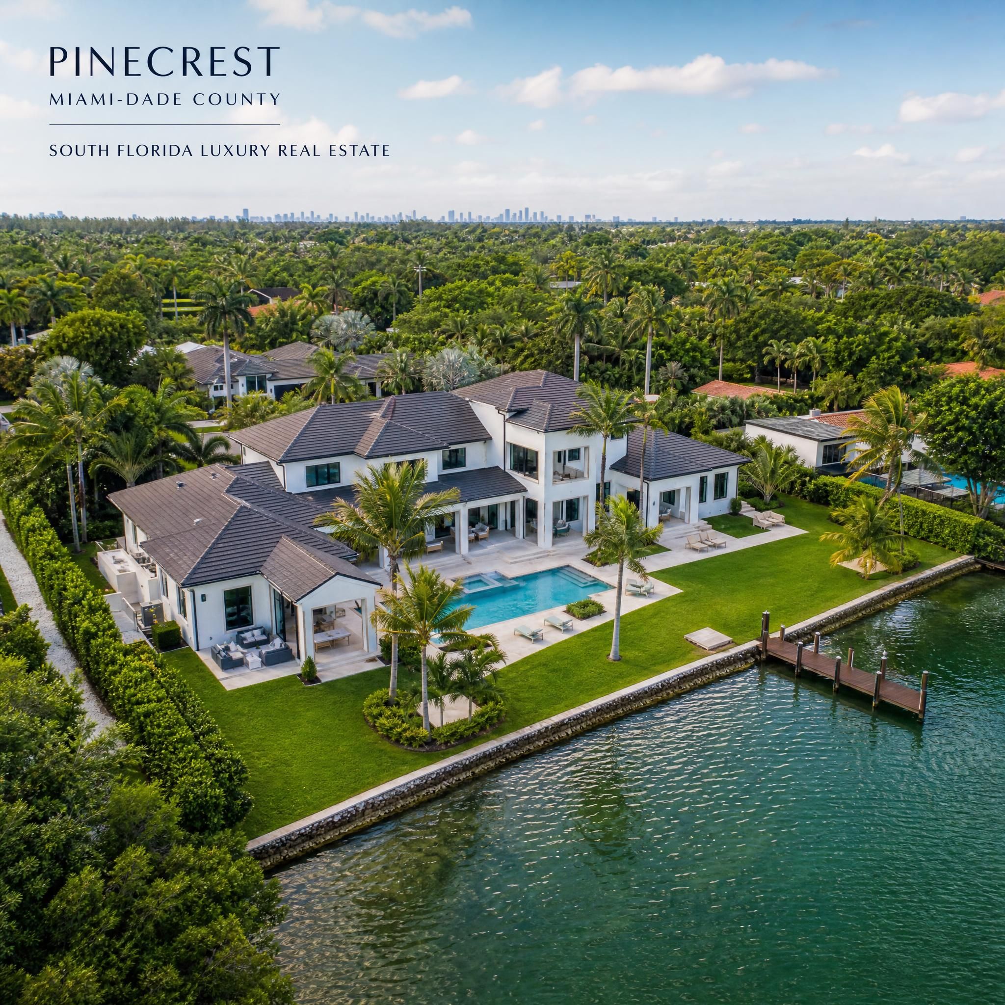 Aerial view of luxury waterfront property in Pinecrest Miami-Dade County South Florida real estate