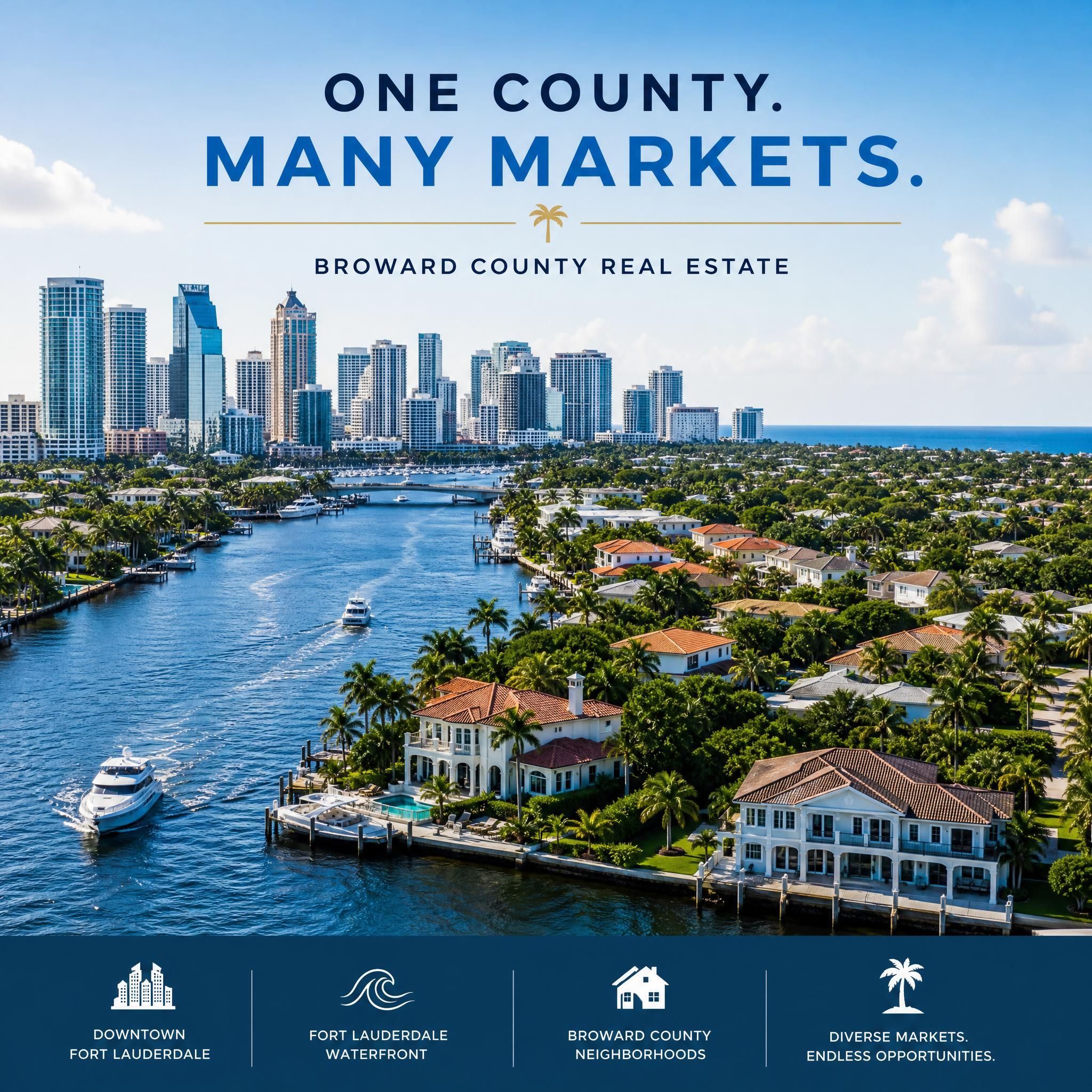 Iconic South Florida skyline view featuring Fort Lauderdale waterways and Broward County residential neighborhoods, representing the diverse real estate markets across the region