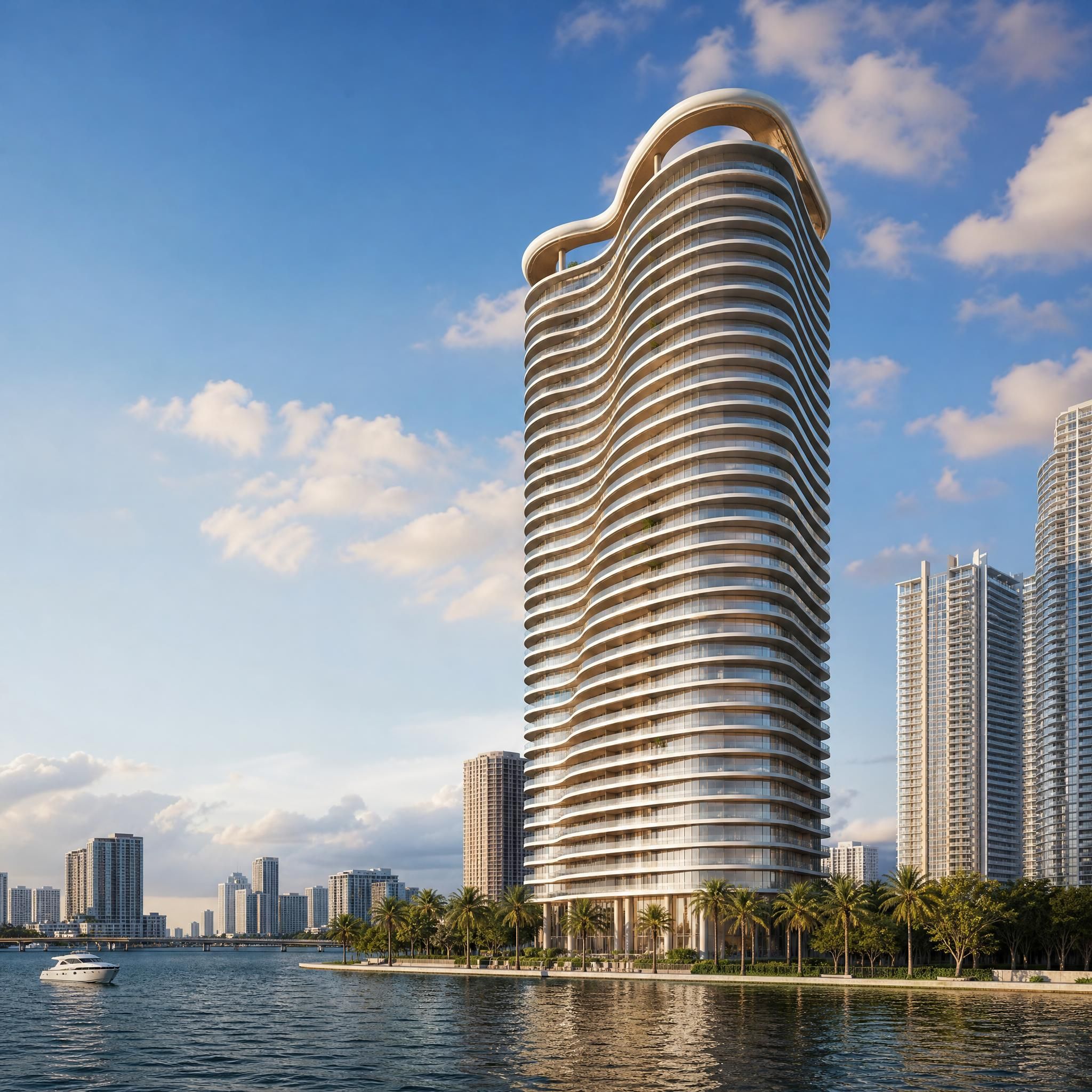 Rendering of Lilli tower Edgewater Miami sinuous waterfront 53-story residential building by OKO Group and Adrian Smith + Gordon Gill Architecture