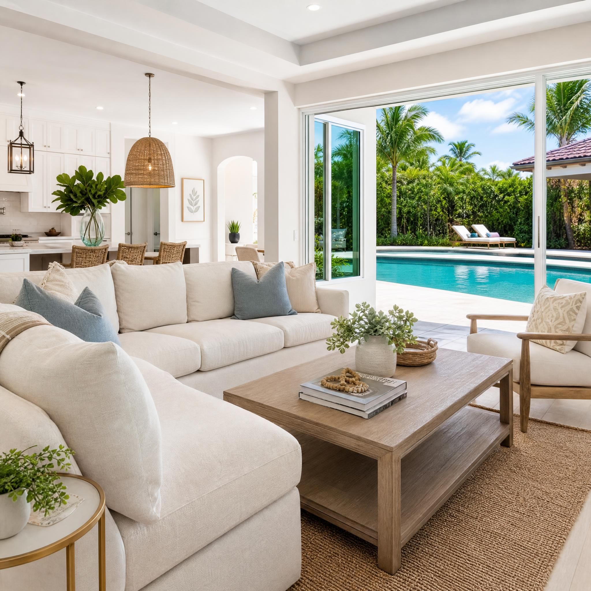 Beautifully staged South Florida home interior with neutral tones, natural light, and a view of a tropical backyard pool — illustrating professional home staging for sellers