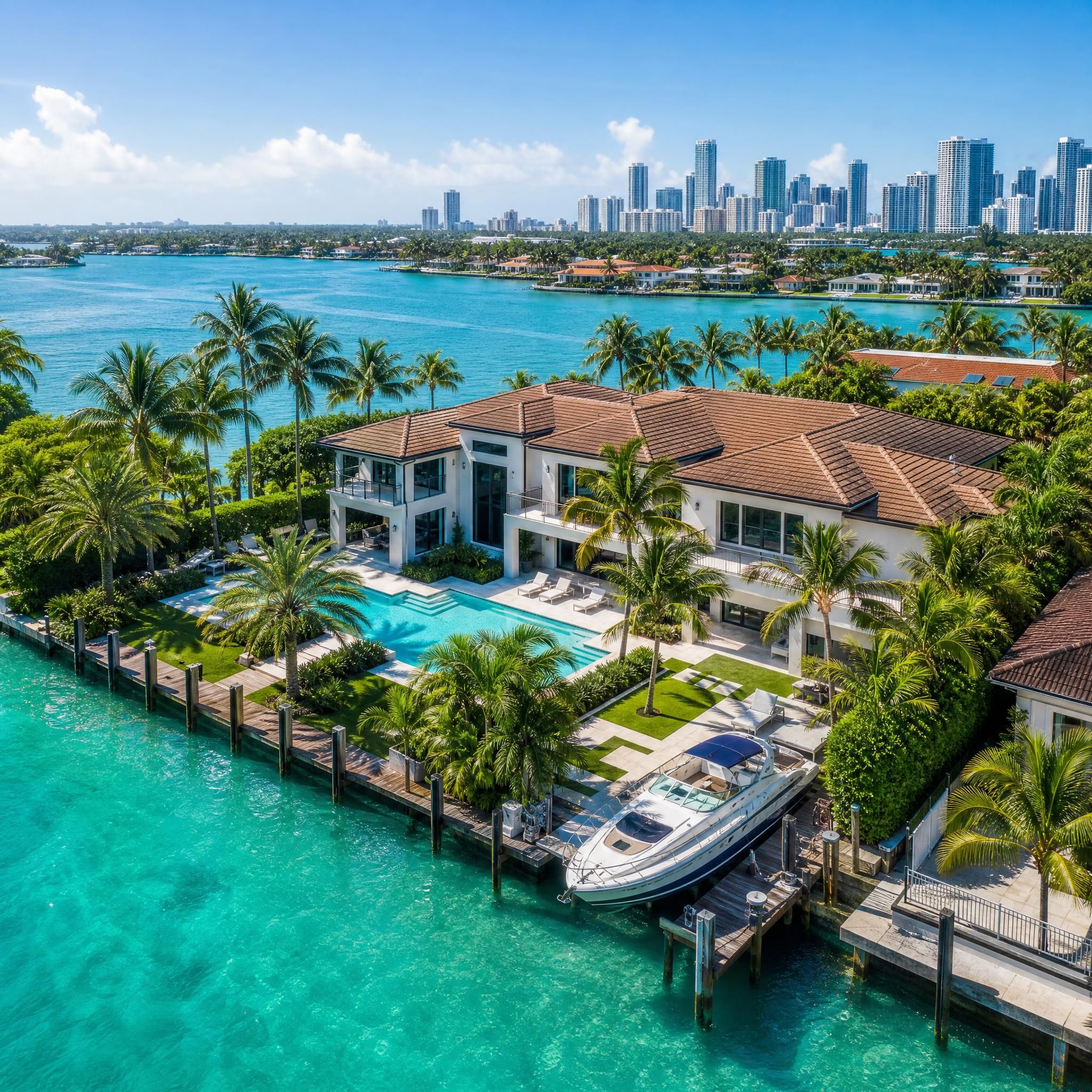 Aerial view of a luxury waterfront property in Miami-Dade County with turquoise water and palm trees, representing South Florida real estate for sellers