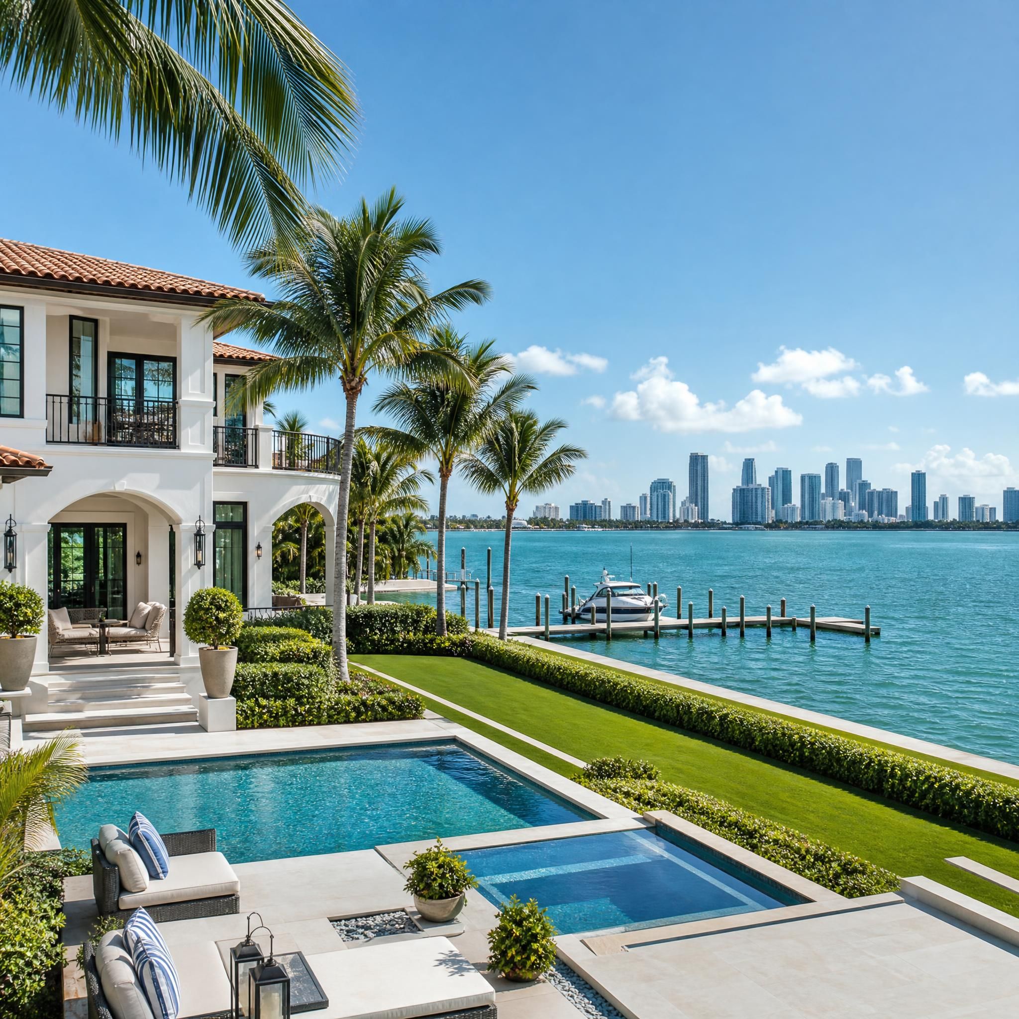 Luxury waterfront Miami Beach estate exterior with bay views and manicured gardens representing the ultra-premium residential market