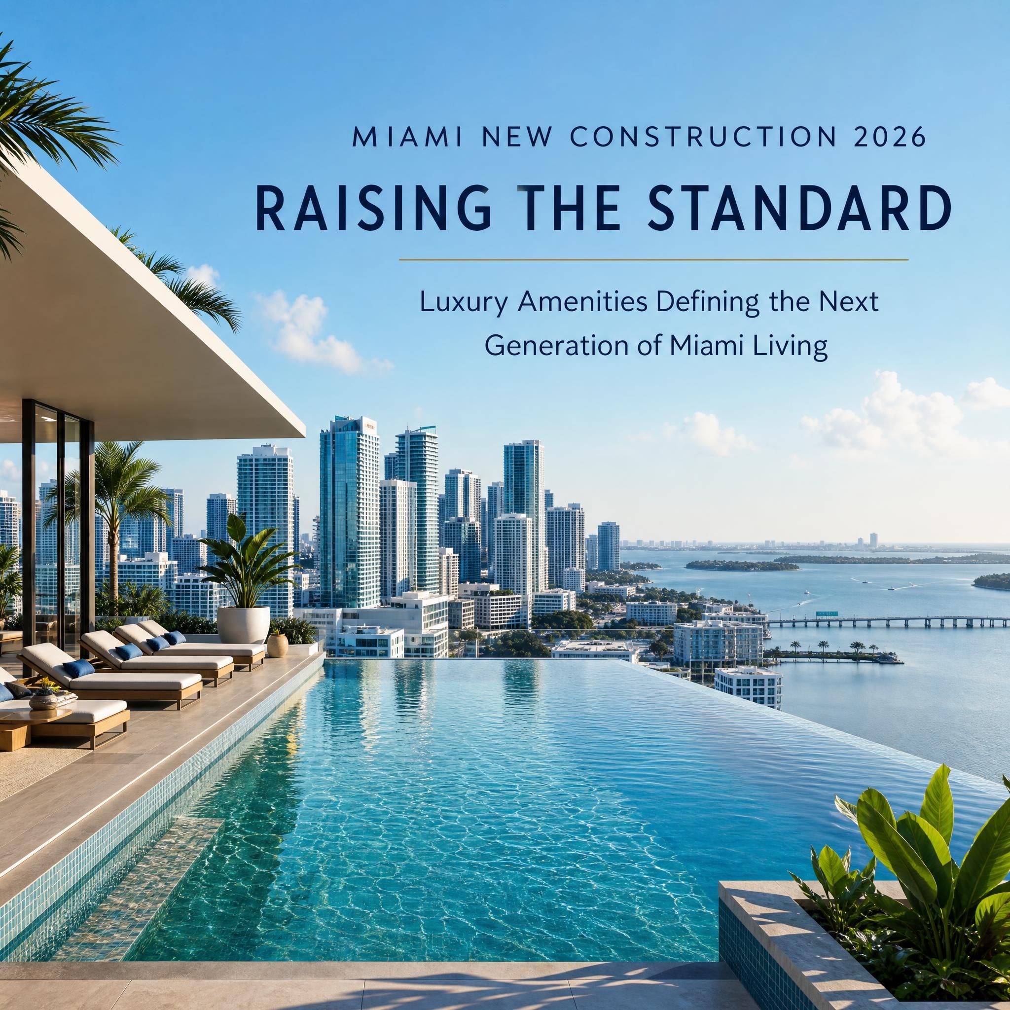 Rooftop infinity pool with panoramic Miami skyline and Biscayne Bay views representing luxury amenity standards in new construction 2026
