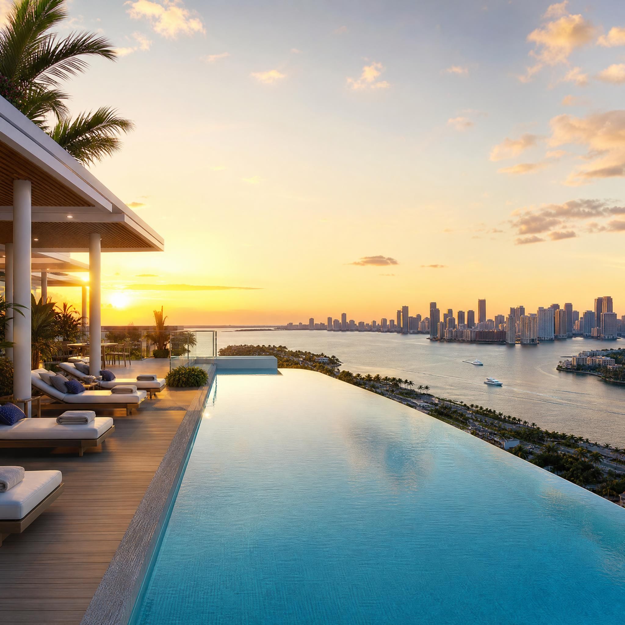 Rooftop infinity pool at a Miami luxury condo tower with panoramic views of Biscayne Bay and the Miami Beach skyline at golden hour