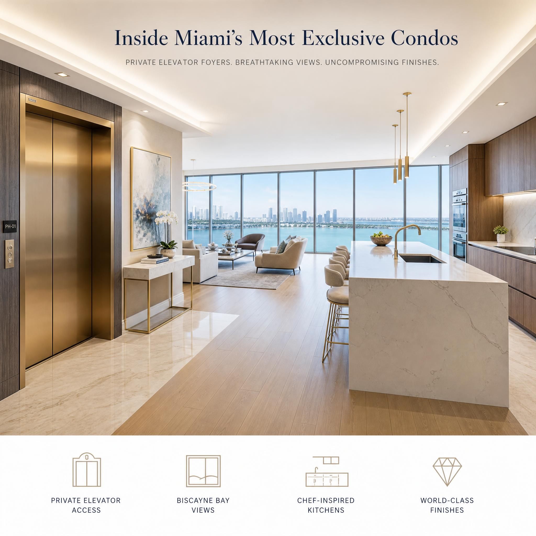 Luxury Miami condo interior with private elevator foyer, floor-to-ceiling windows overlooking Biscayne Bay, and high-end kitchen finishes