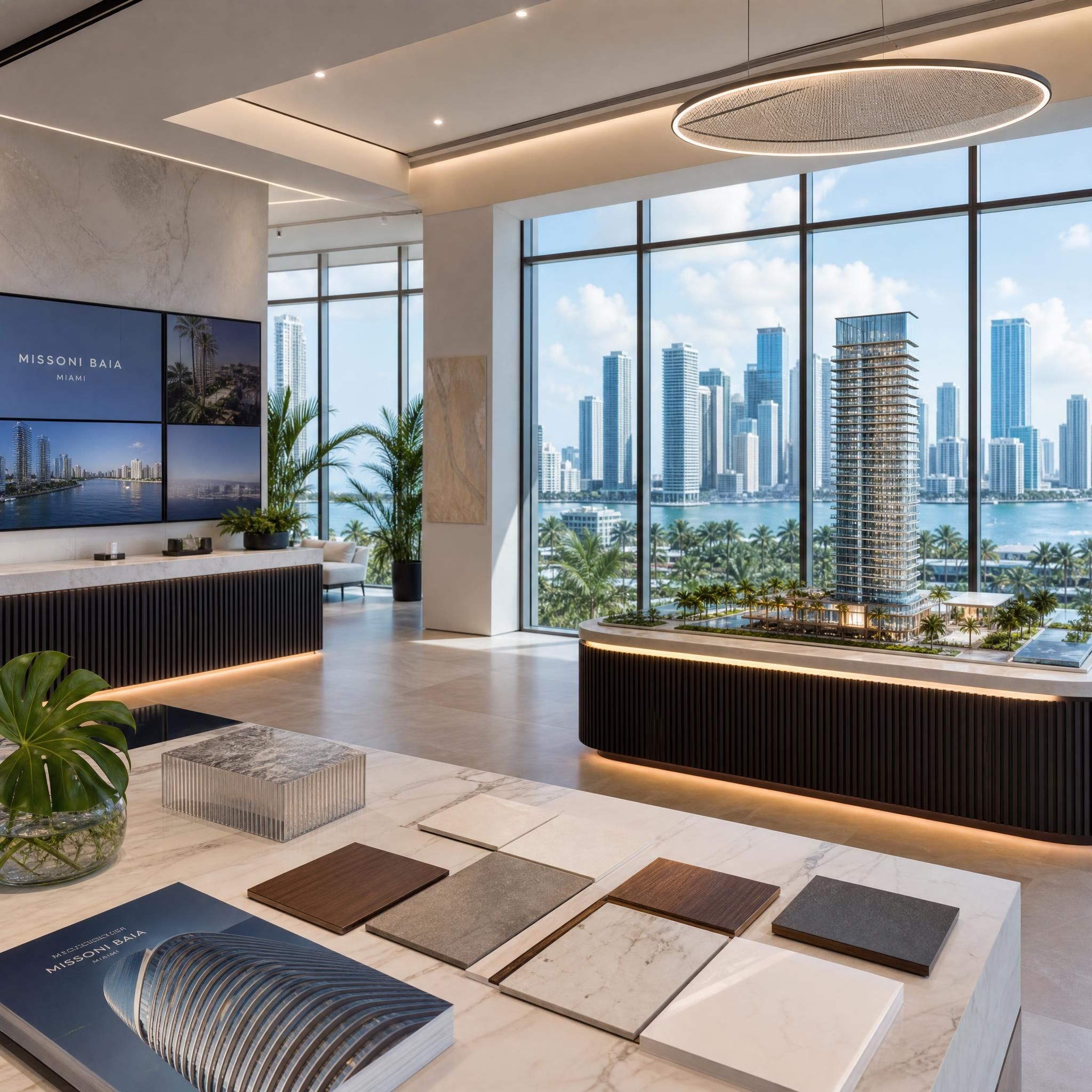 Luxury condo sales gallery interior with scale models, material samples, and floor-to-ceiling glass showcasing Miami skyline views