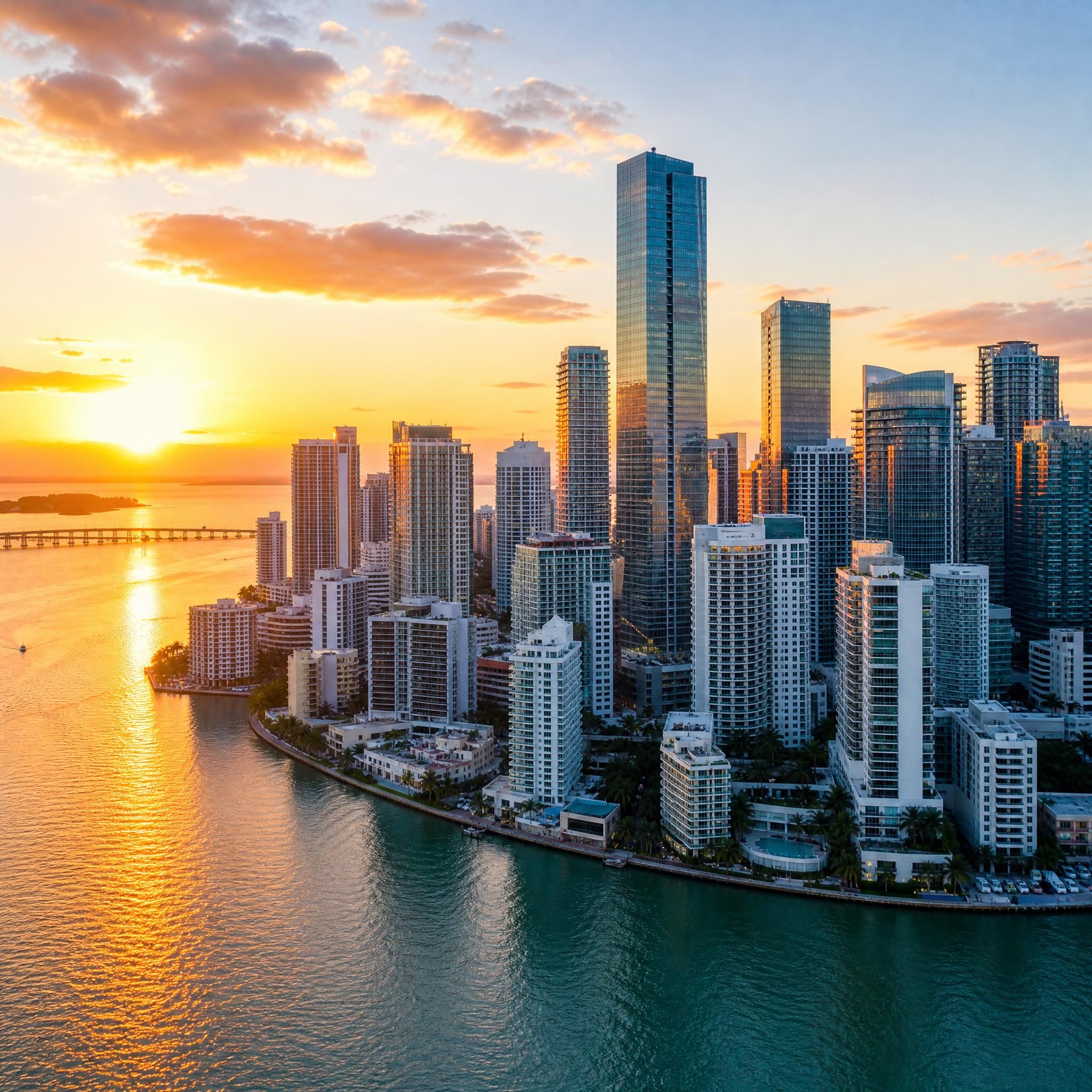Aerial drone view of Miami's Brickell skyline at sunset with Biscayne Bay waterfront luxury towers reflecting golden light