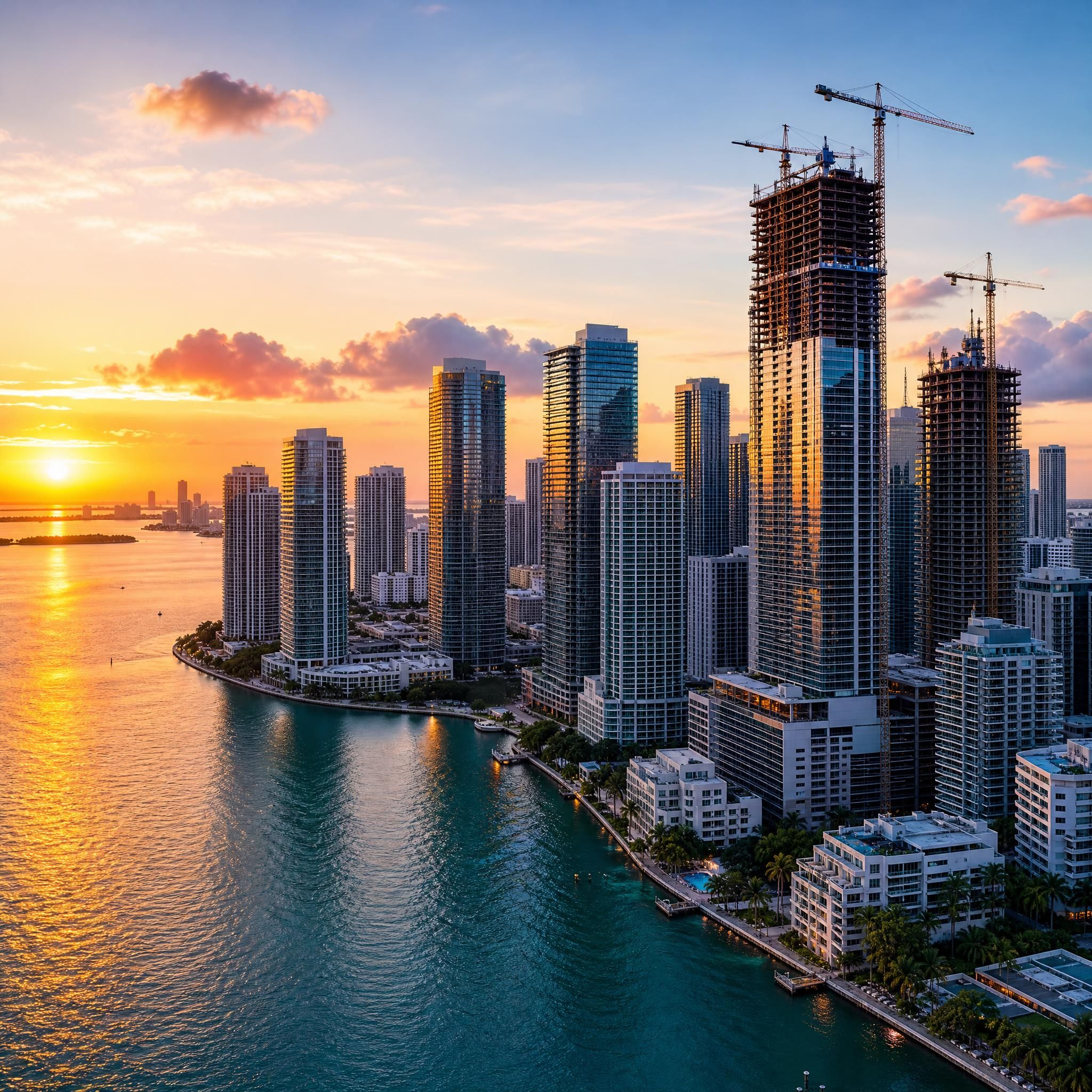 Aerial sunset view of Miami's Brickell skyline with Biscayne Bay waterfront luxury towers under construction
