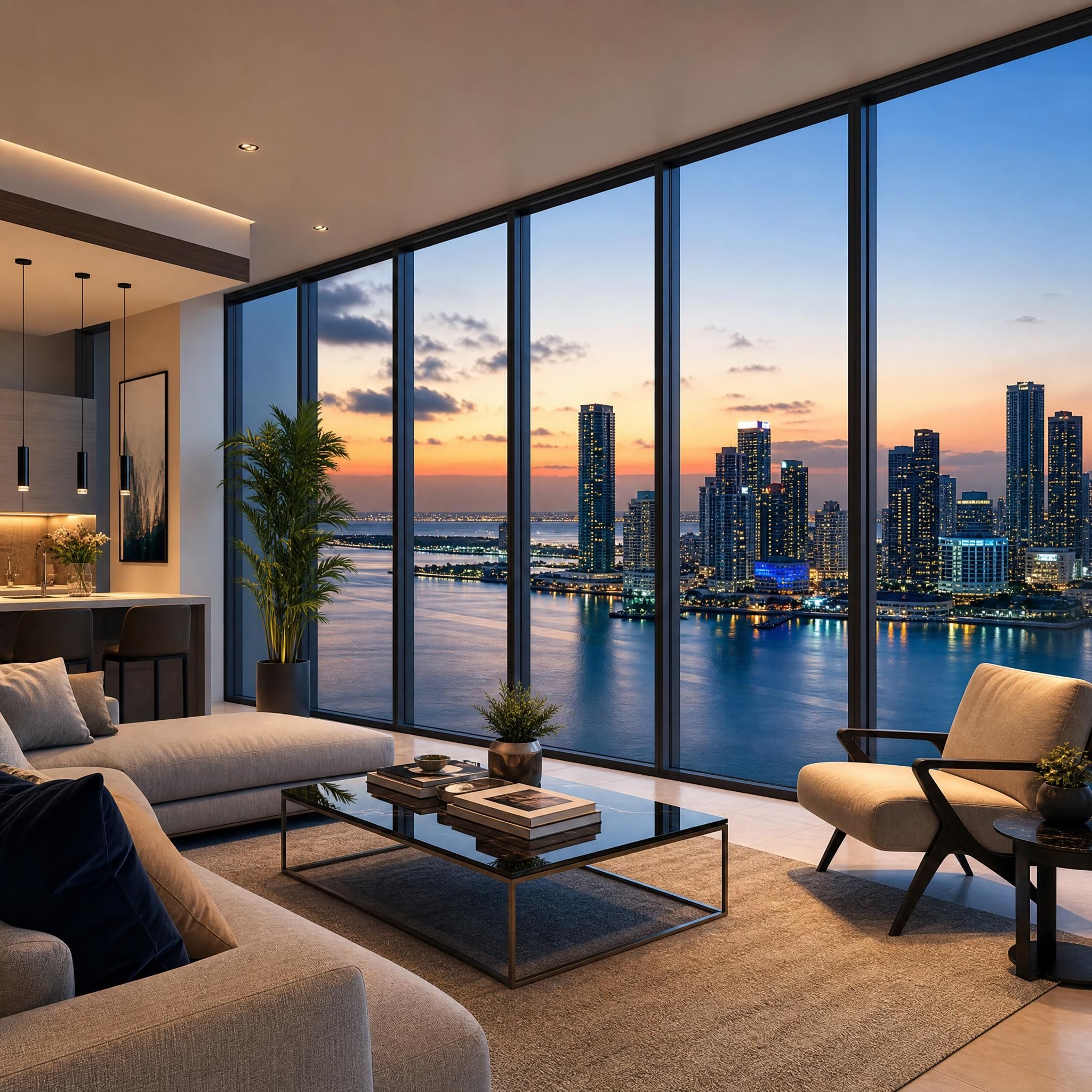Modern luxury Brickell condo interior with floor-to-ceiling windows overlooking Biscayne Bay and the Miami skyline at dusk