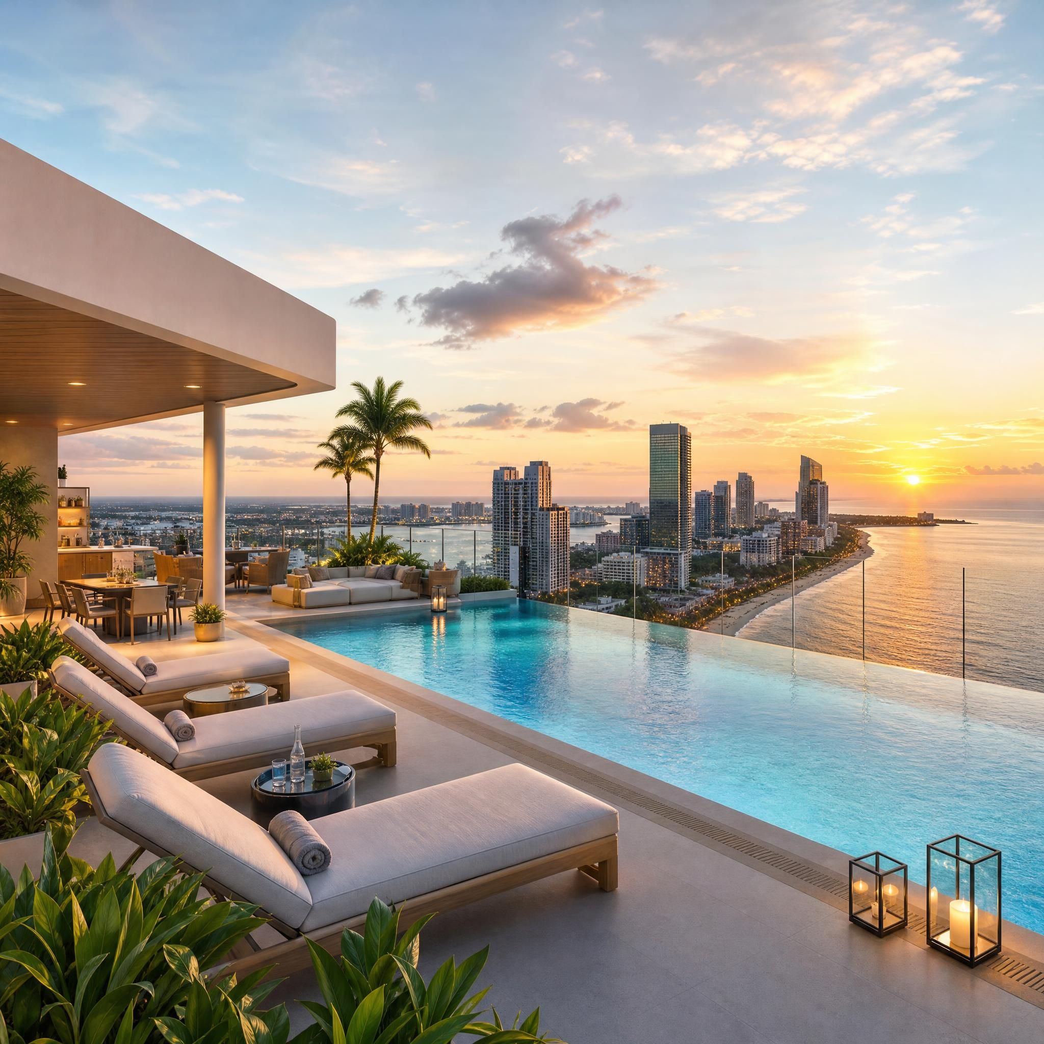 Luxury rooftop pool and amenity deck of a Miami high-rise with panoramic ocean and city views at golden hour