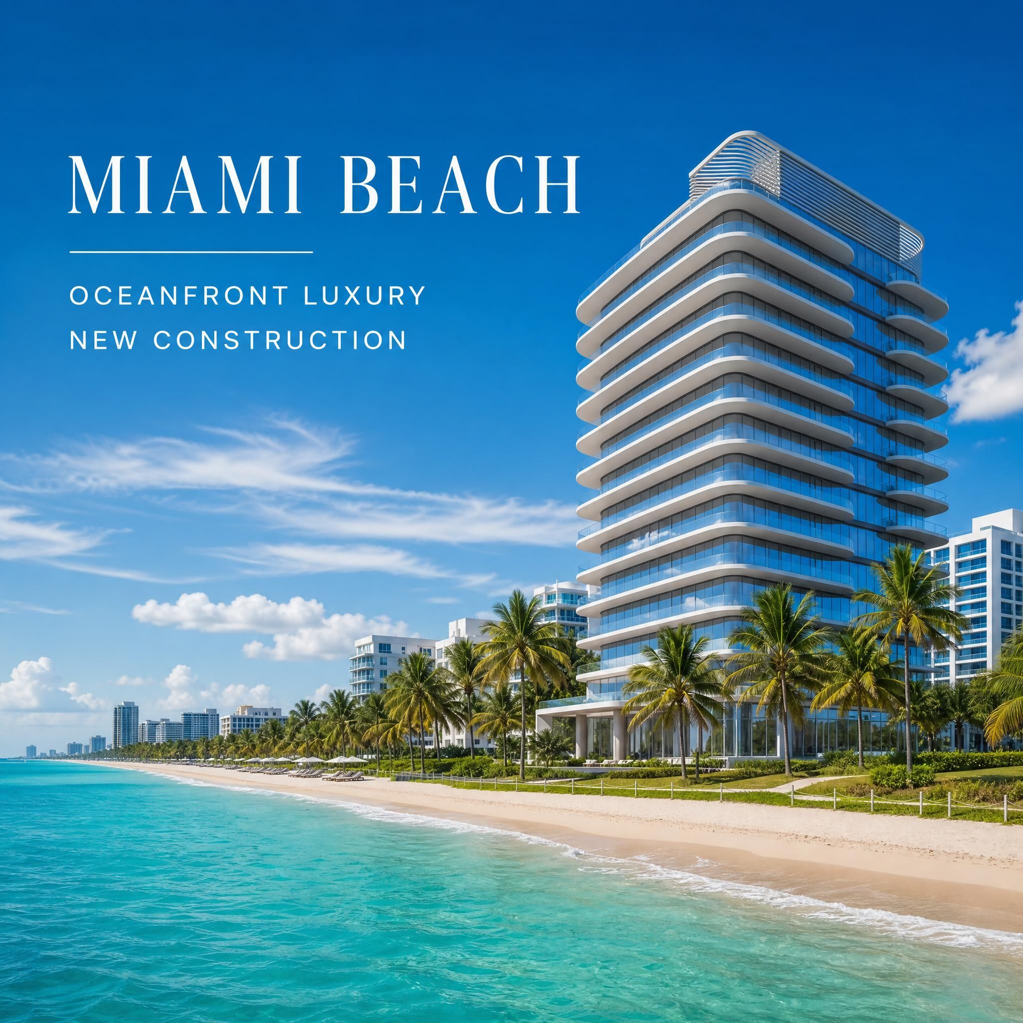 Miami Beach oceanfront luxury new construction tower with palm trees and turquoise Atlantic Ocean in the foreground