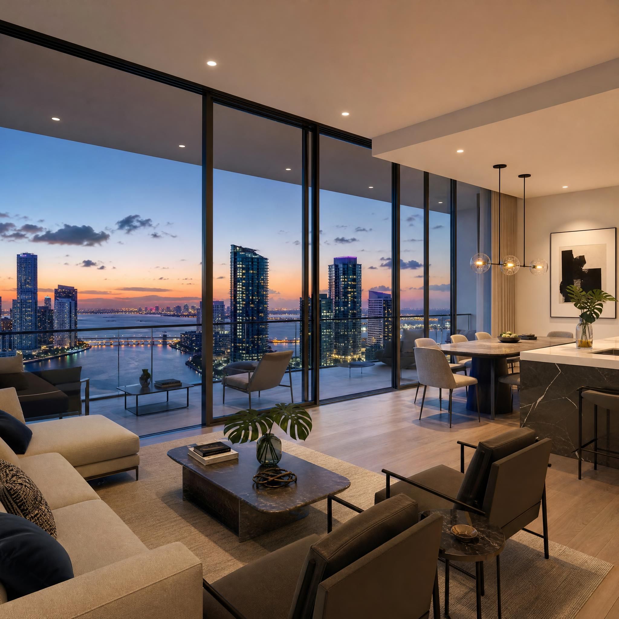 Modern luxury Brickell condo interior with floor-to-ceiling windows overlooking the Miami skyline and Biscayne Bay at dusk