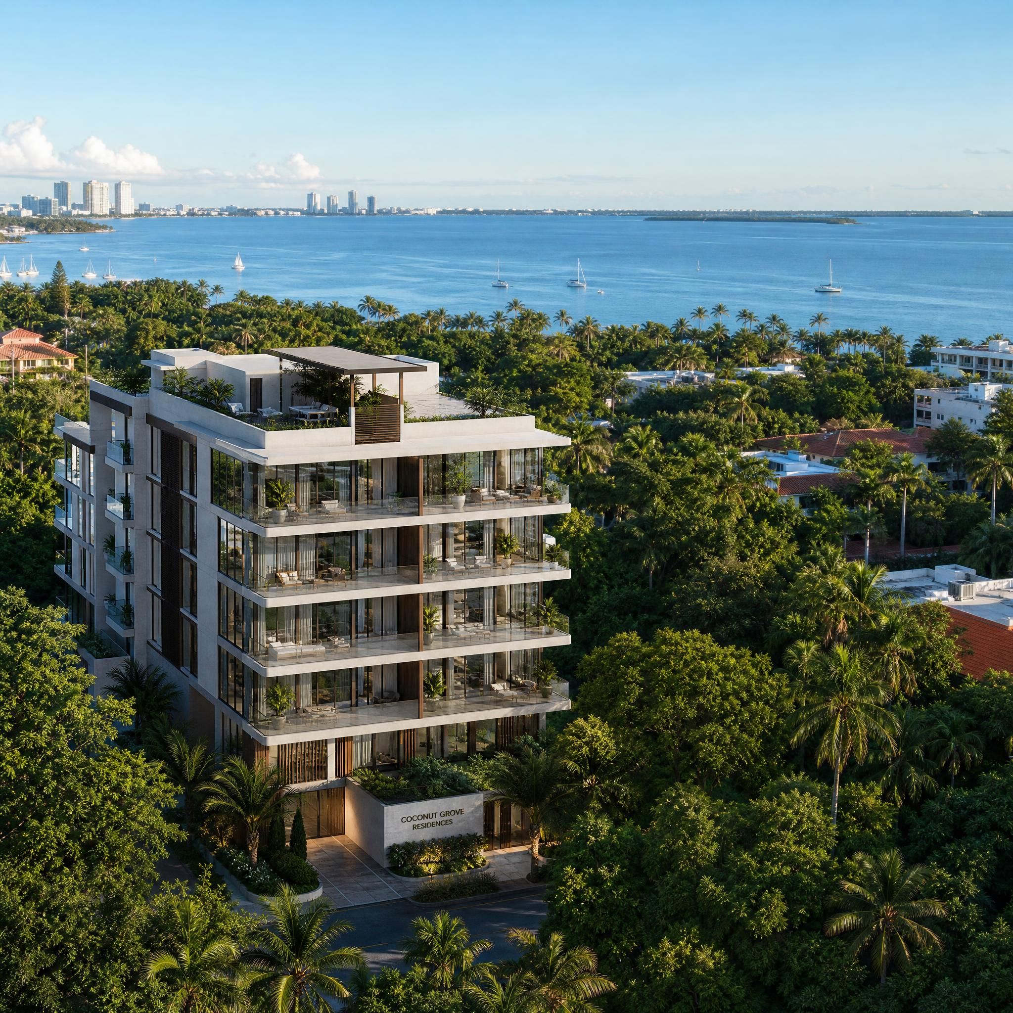 Boutique luxury condo building surrounded by lush tropical canopy in Coconut Grove with Biscayne Bay visible in the background