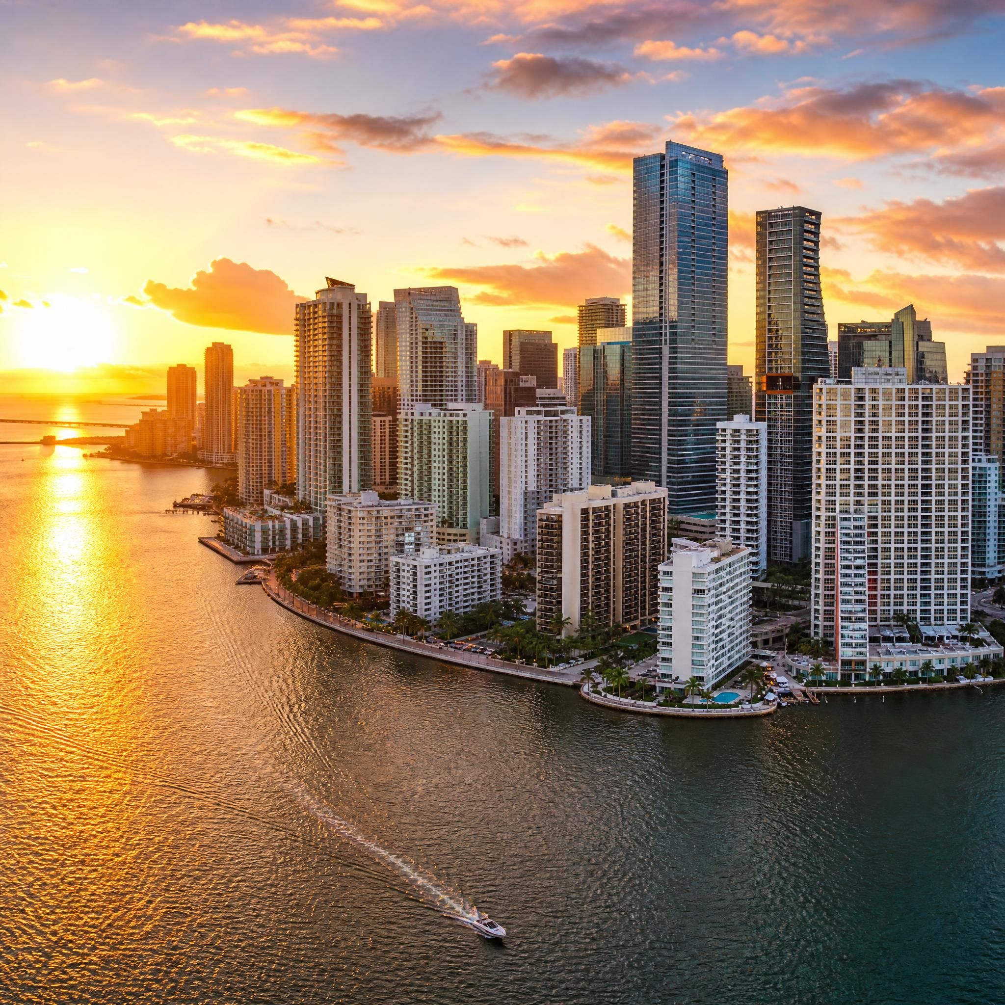 Aerial sunset view of Miami's Brickell skyline and Biscayne Bay waterfront with luxury high-rise towers reflecting golden light
