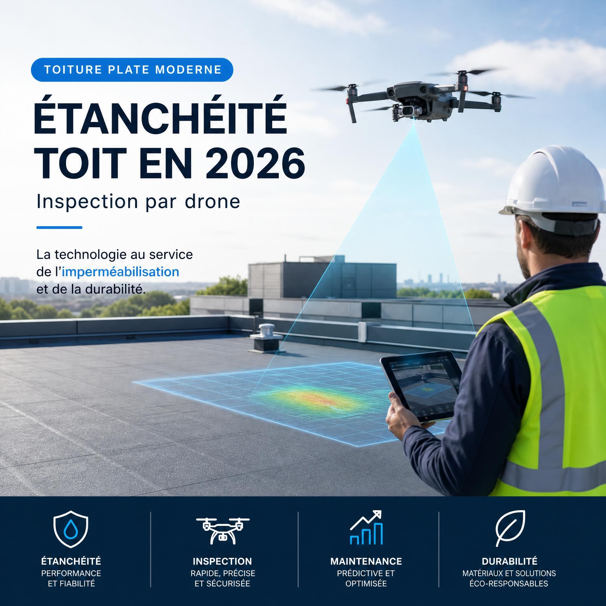 Toiture plate moderne avec membrane d'étanchéité et inspection par drone — imperméabilisation toit en 2026