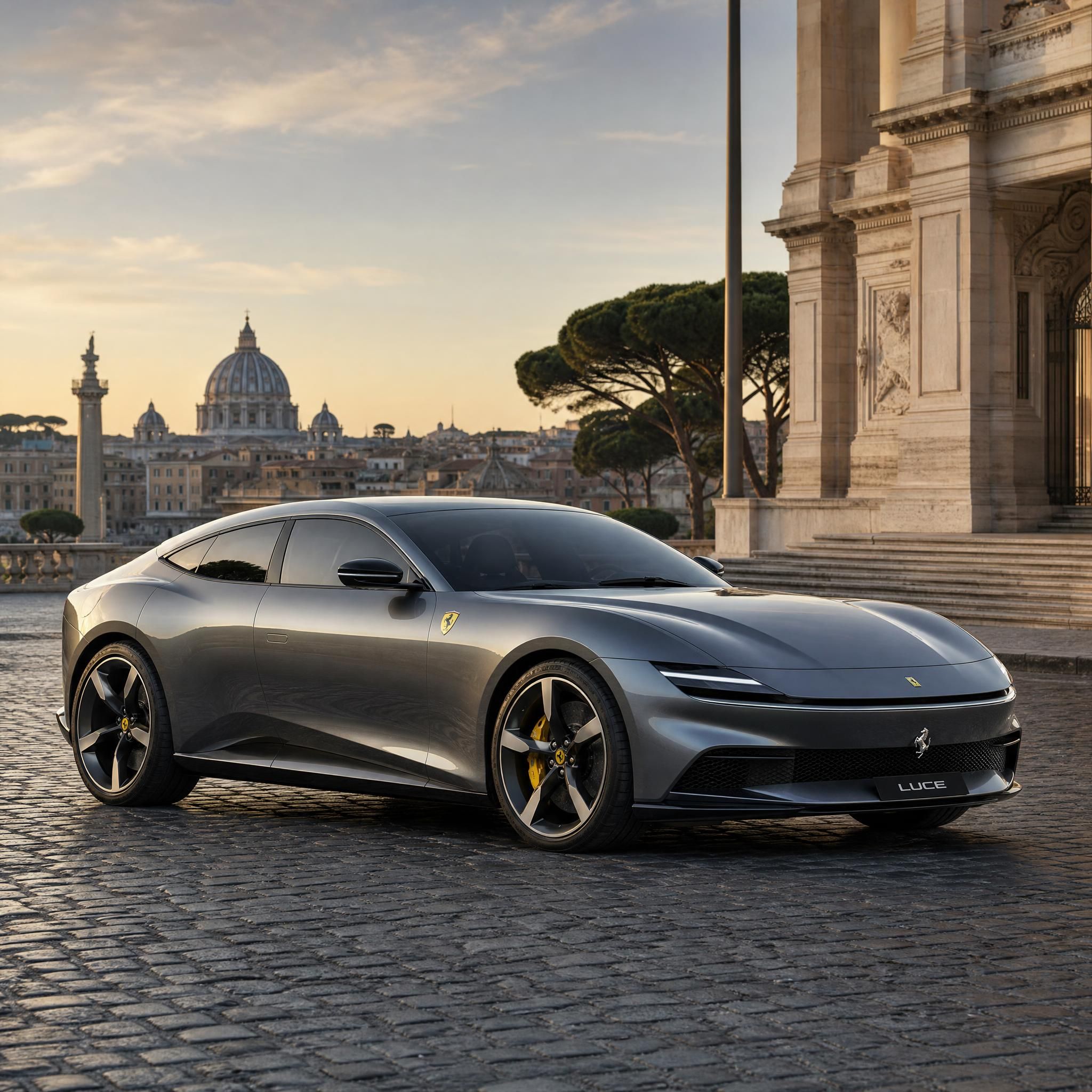 Ferrari Luce vue extérieure 3/4 avant silhouette fastback gris métal sur fond architectural Rome